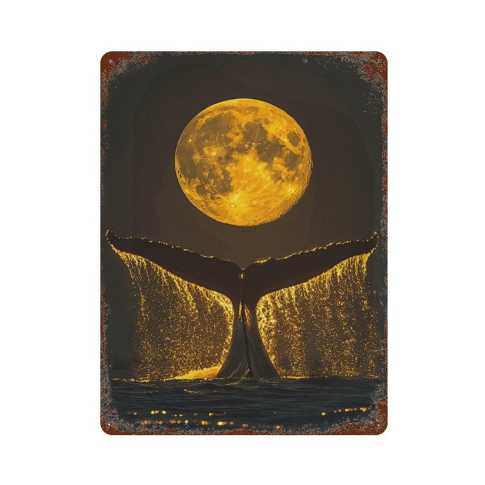 Whale Tail And Full Moon Weathered Tin Sign 15.7"x11.8", Vintage Wall Decor for Garage, Pub Or Kitchen