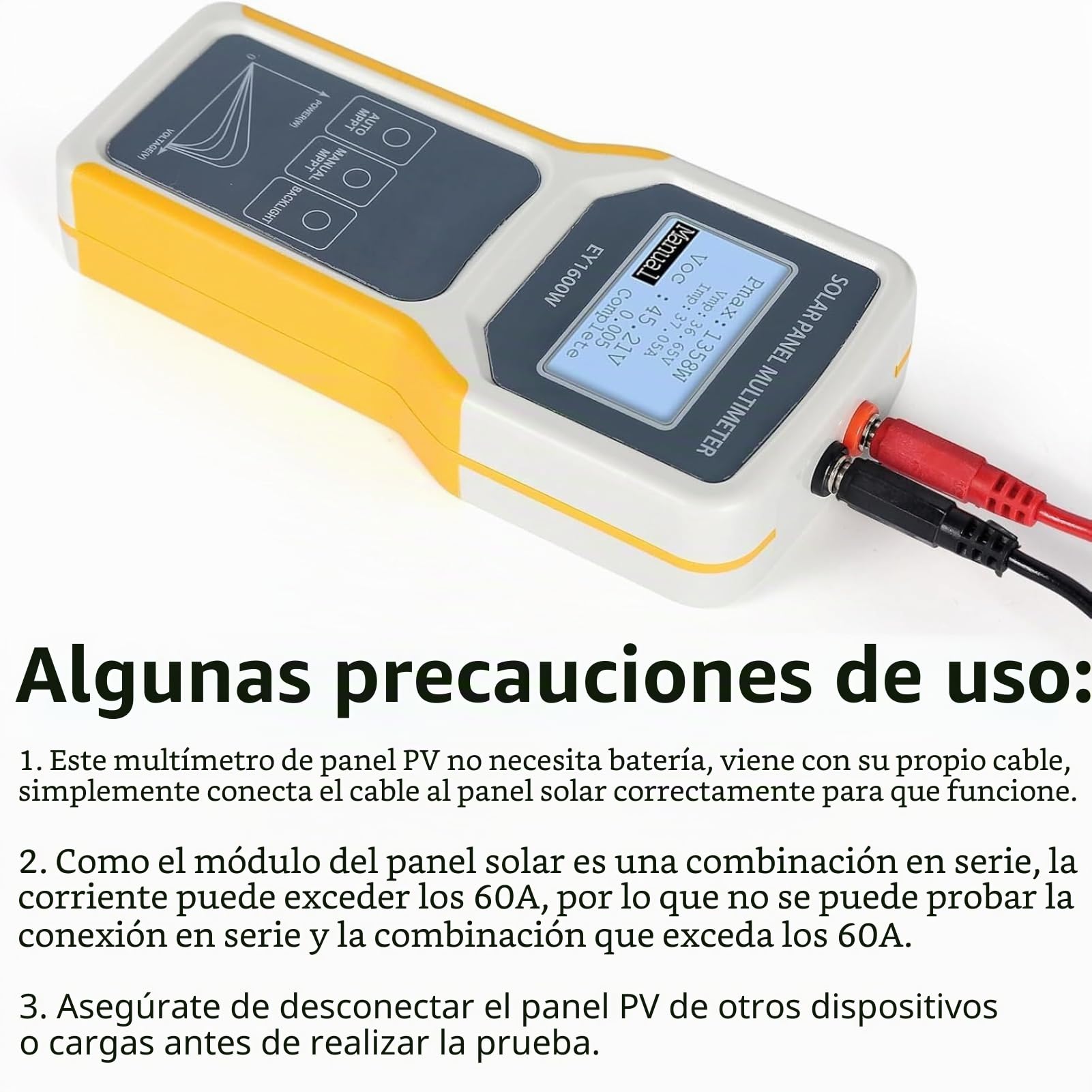 Jadeshay Multímetro Fotovoltaico Panel 5W-1600W DC12V-60V Multímetro de Panel Solar MPPT Probador de Medidor de Potencia Herramienta Detector de Voltaje de Circuito para Pruebas Solares