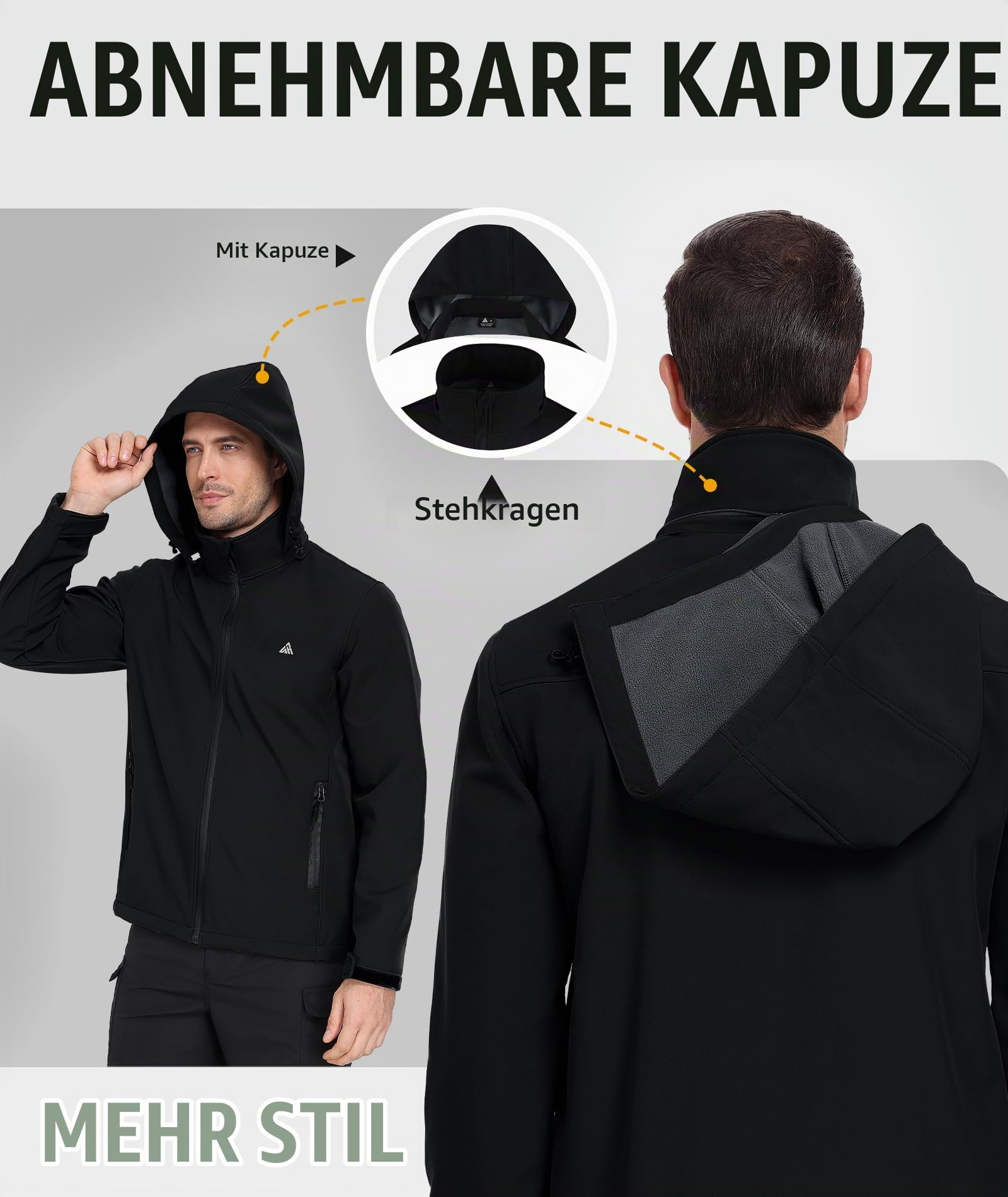 SwissWell Softshelljacke Herren Wasserdichte Winddichte Übergangsjacke Atmungsaktive Funktionsjacke mit Kapuze Outdoor Jacke Herbst Winter Windbreaker für Wandern Fahrrad Camping
