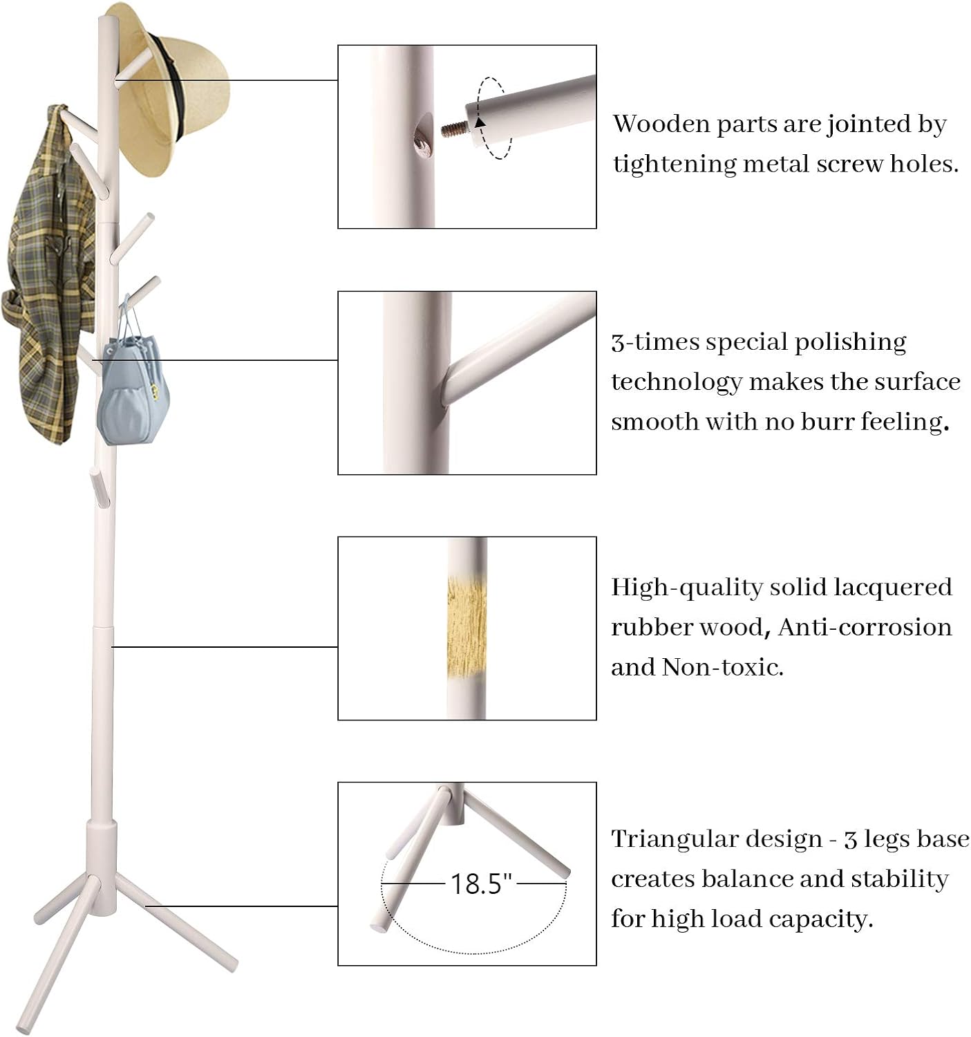 DADILL Wooden Tree Coat Rack with 3 Adjustable Sizes, 8 Hooks, Easy Assembly Free Standing Solid Coat Hanger Stand for Clothes, Garment, Hats, Umbrellas, Scarves in Hallway, Entryway, White