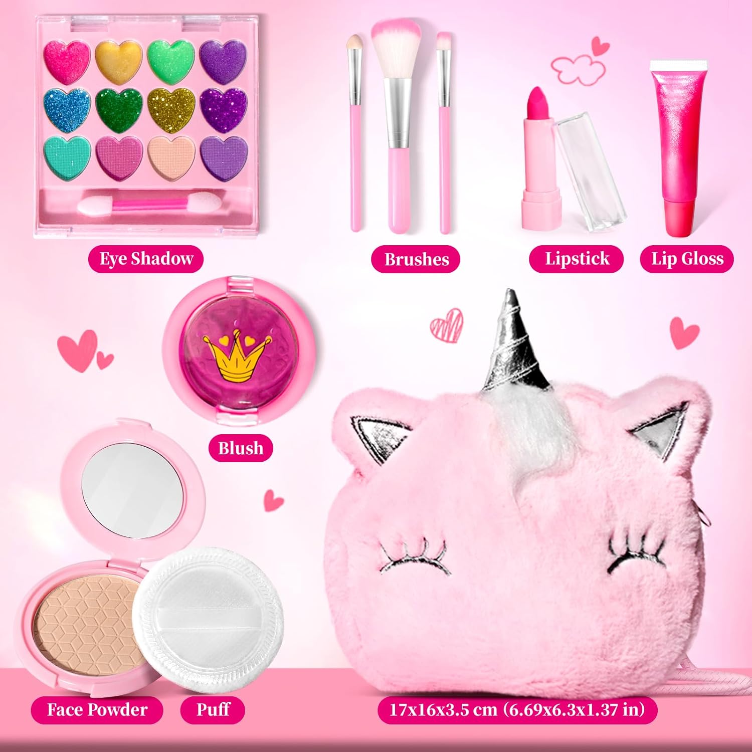 ULOVEME Mica-Based Kids Makeup, Talc Free Real Makeup Kit for Girls with Fluffy Purse - Hypoallergenic Makeup for Sensitive Skin Kids - Non Toxic & Washable - Gift for 5 -8 Years Old Girls Birthday