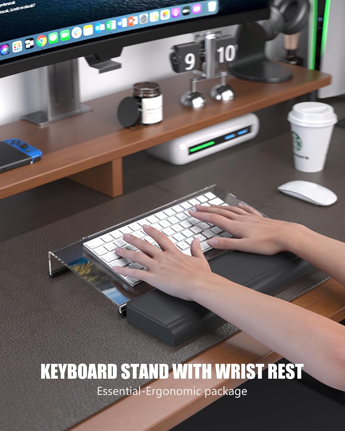 Computer Stand With Wrist Rest & Storage Tray - Acrylic Keyboard Riser for Office Desk Accessories Decor, Ergonomic Holder for Home Comfortable Typing - Fits 80% 87 Keys TKL Keyboard