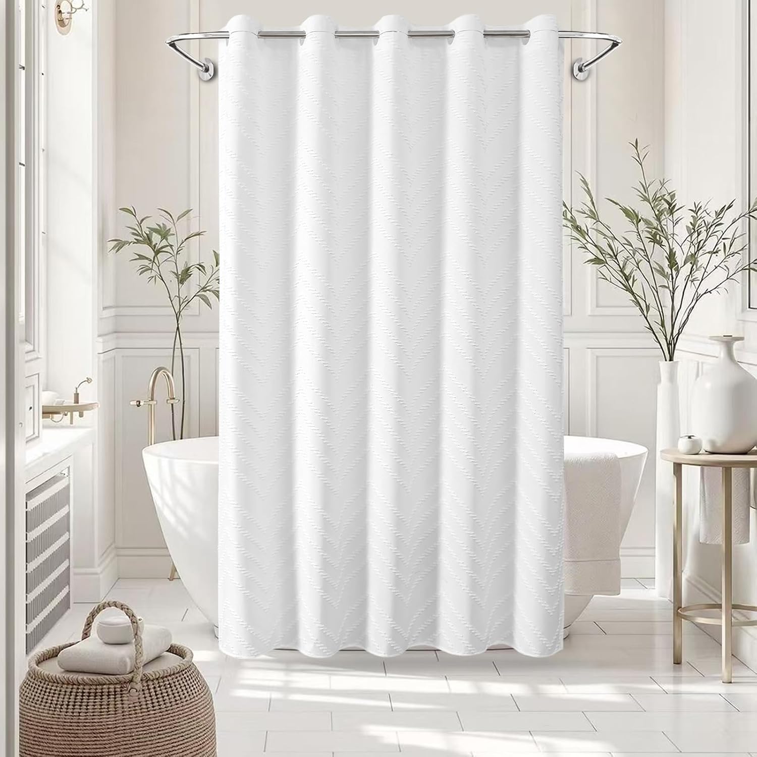 White No Hooks Boho Shower Curtain, Tufted Chevron Design, Waterproof, Minimalist Fabric, 10 Durable Split Grommets, Luxury Hotel Spa Style, Machine Washable, 74 x 72 Standard Size