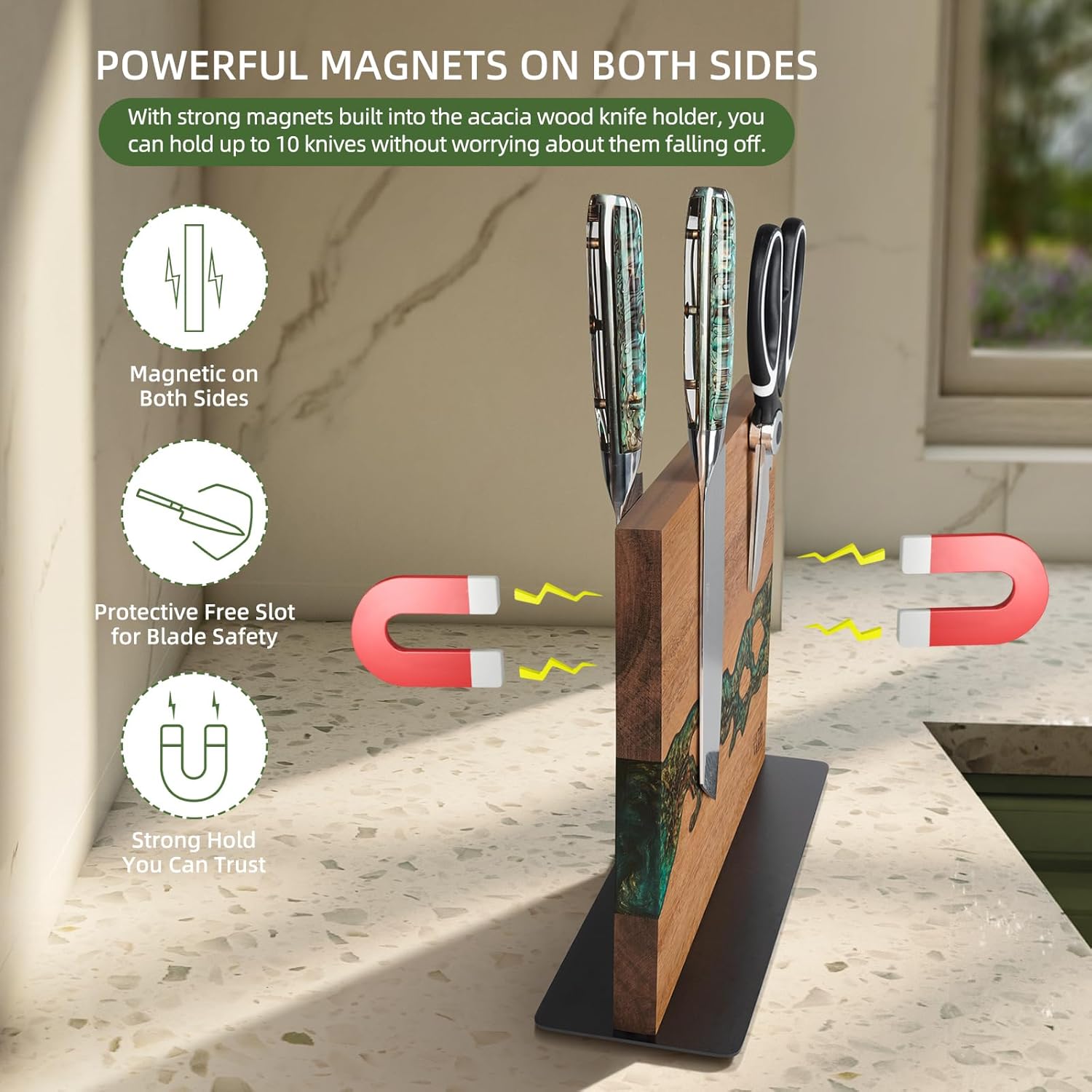 FINDKING Magnetic Knife Block, Double-Sided Knife Holder with Strong Magnets, Acacia Wood and Golden Green Resin, Countertop Kitchen Knife Storage Stand (12 × 10 Inches, Without Knives)