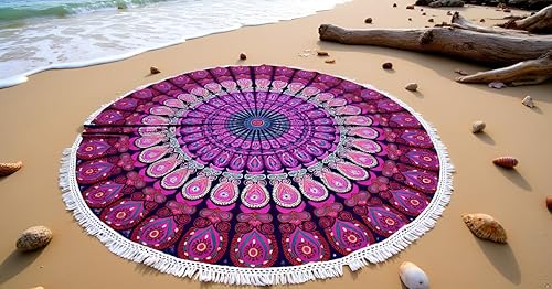 Miniatura 95 de Tapiz redondo de mandala indio para playa, mantel de algodón hippy bohemio, gitano, toalla de playa, tapete de yoga redondo