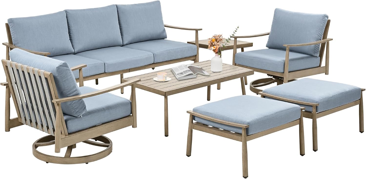 Patio Furniture Set 7PCS, Aluminum Sectional Sofa Set with Coffee Table and Side Table, 3-Seat Couch, 2 Swivel Chairs, 2 Ottomans, Outdoor Conversation Set for Porch, Blue & Brown