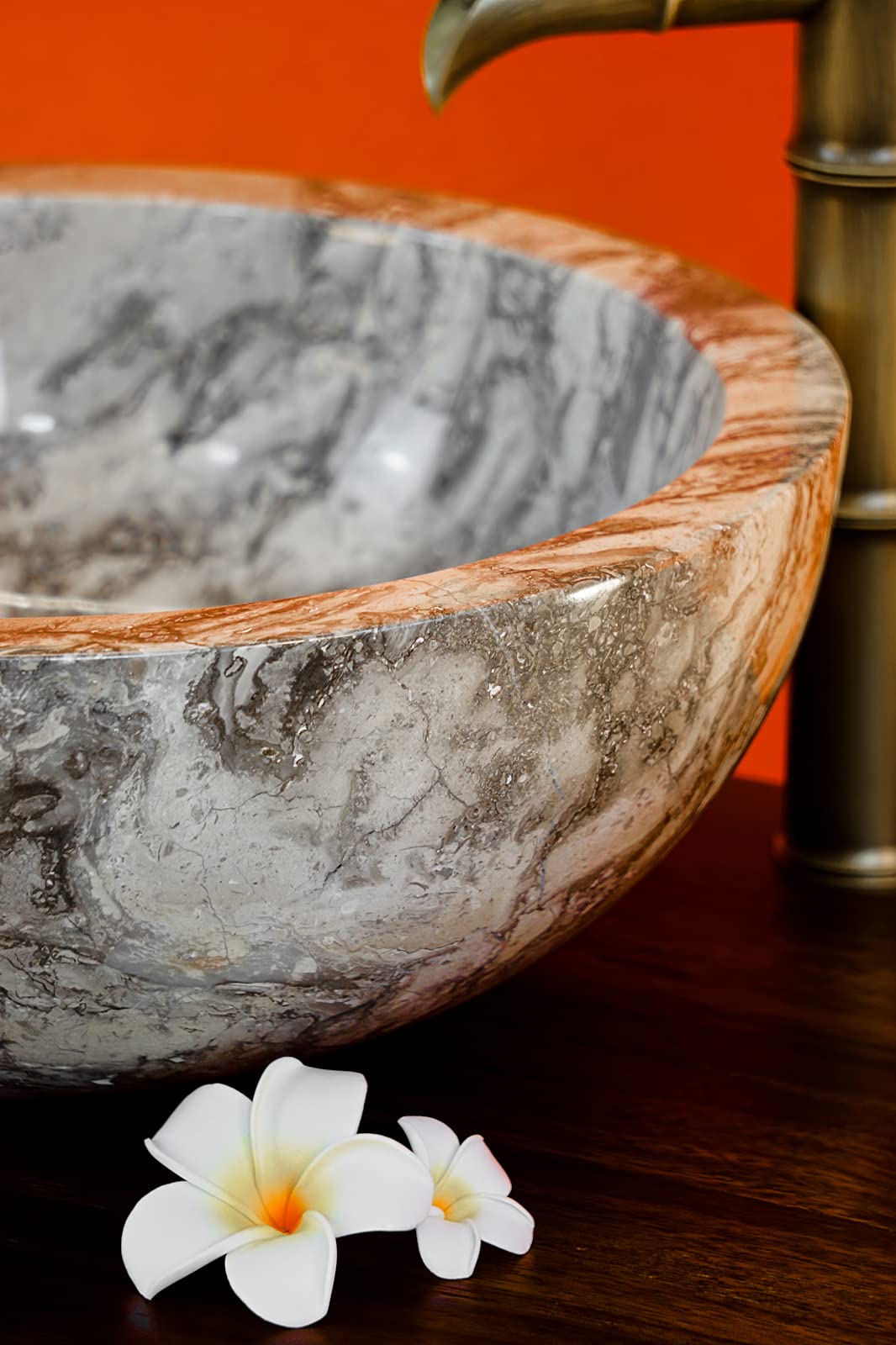 Kinaree Lavabo de piedra natural de mármol, accesorio para lavabo, en 2 tamaños, mármol claro y oscuro en degradado liso pulido (30 cm de diámetro)