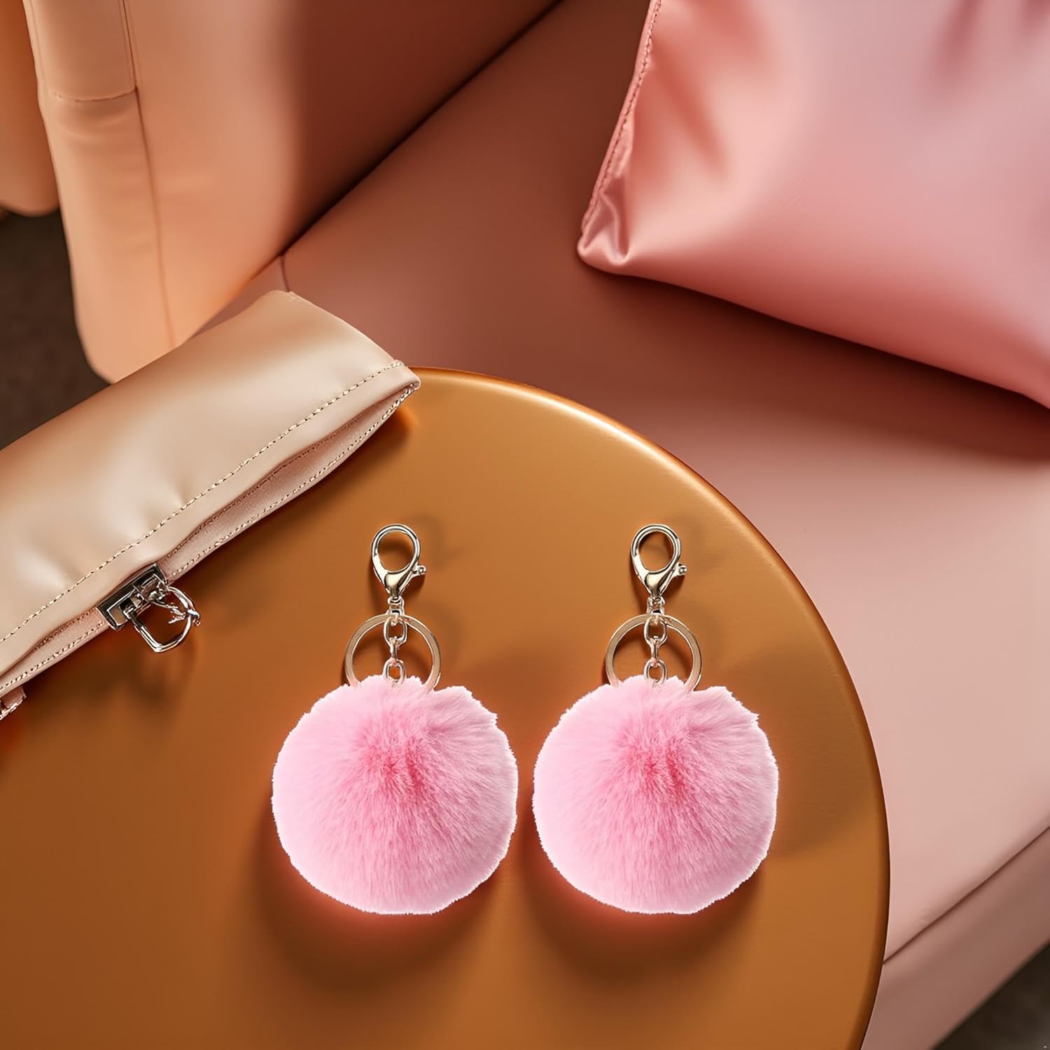 2 Pcs Pink Cute Pompom Keychains Fluffy Faux Fur Ball Keychain Artificial Faux Rabbit Fur Keychain Fluffy Plush Ball Bag Hanging Pendant Purse Charm Key Holder Women Accessories - Image 5