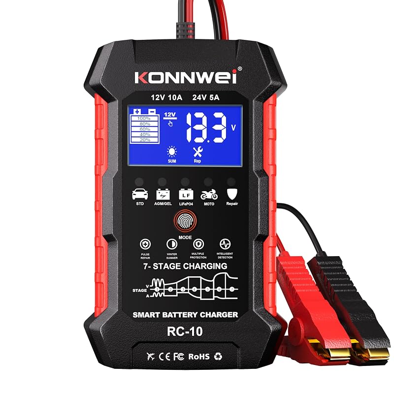 Carregador de Bateria KONNWEI 12 V e 24 V com Manutenção, Dessulfatação e Reparo por Pulso RC-10