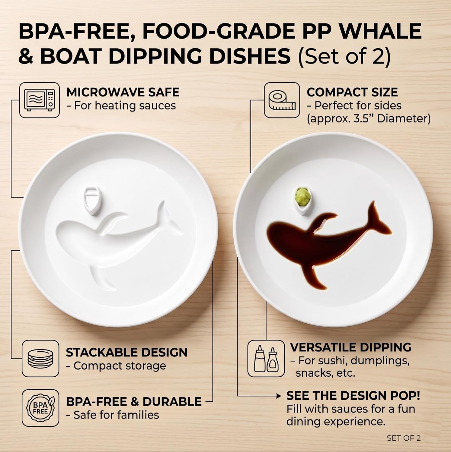 2-Pack 6" Whale Snack Plate Dumpling Dipping Dish