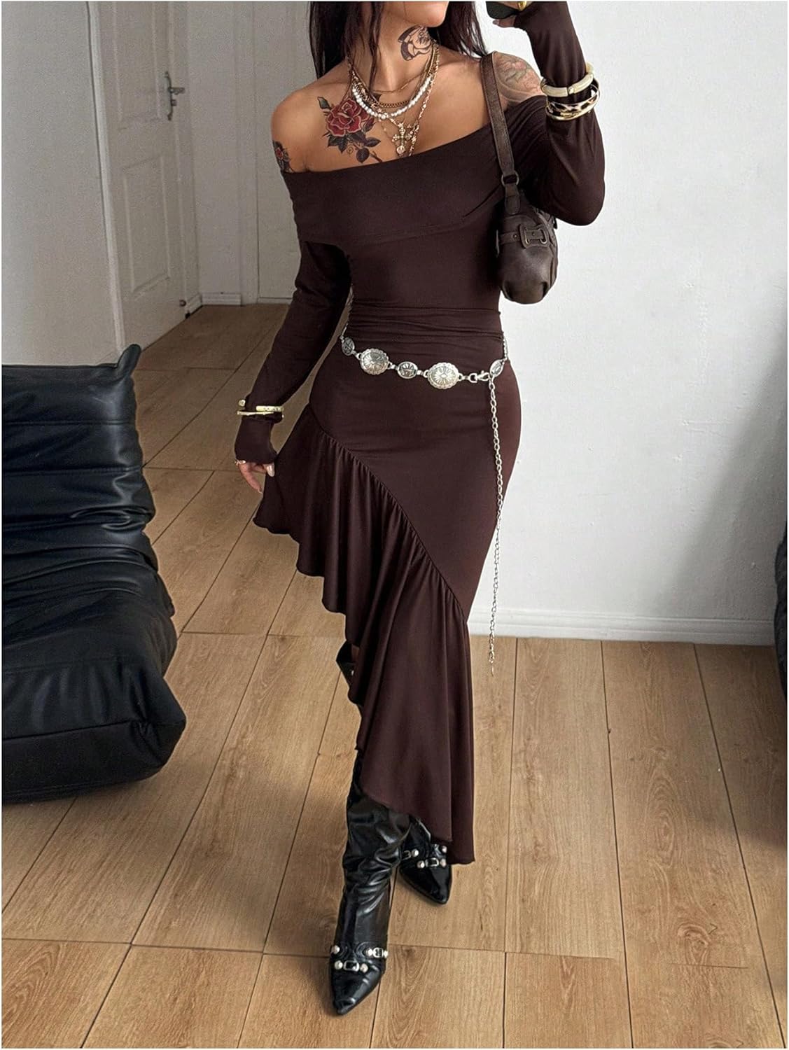 Milumia Women's Off Shoulder Long Sleeve Long Dress Y2k Ruffle Asymmetrical Bodycon Maxi Dresses - Image 2