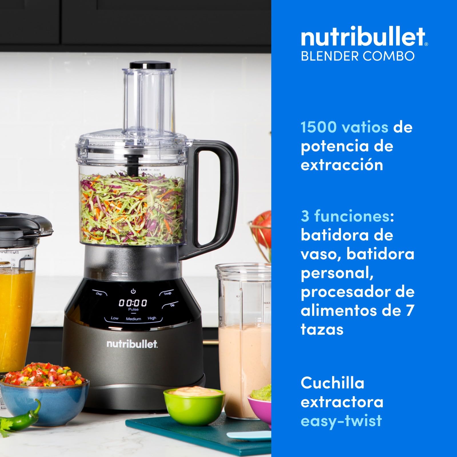 nutribullet triple Prep System, batidora eléctrica, batidora de vaso profesional multifunción, 1500 vatios de potencia, 3 electrodomésticos, negro, NBF580B
