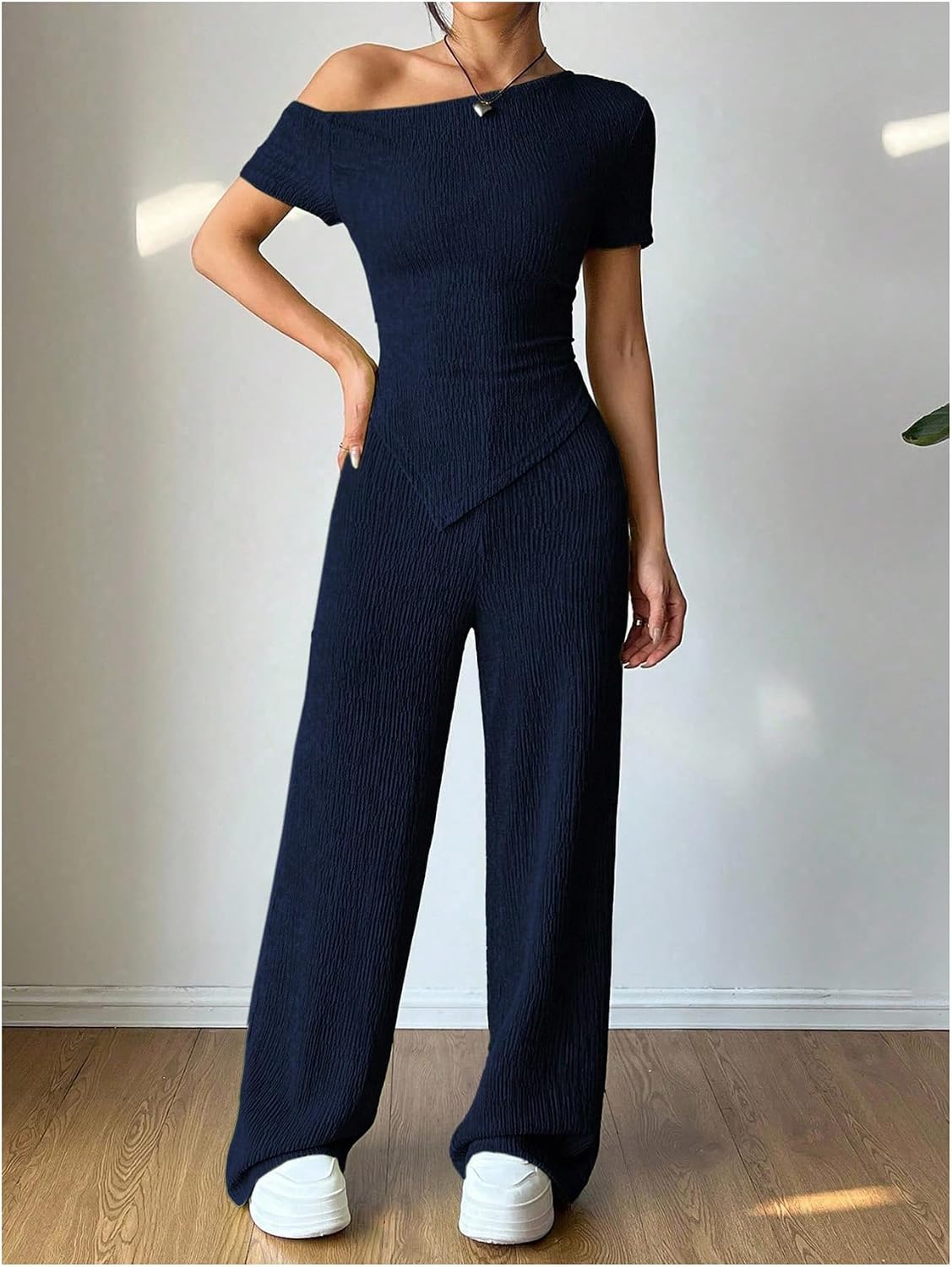 Verdusa Women's 2 Piece Outfits Textured Asymmetrical Off Shoulder Tops with Pants Lounge Sets