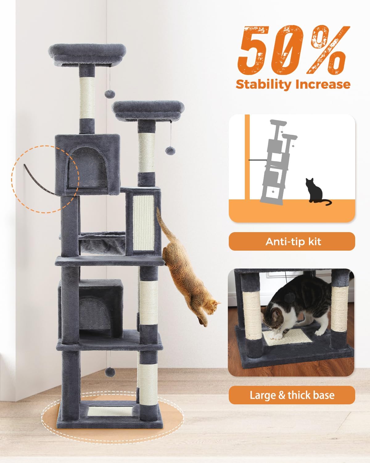 review Cat Tree 80 Inches Large Cat Tower with Hammock, Sisal Scratching Ramp and Posts for Indoor Cats, Multi-Level Cat Activity Center with 2 Perches, 2 Condos and 2 Pompoms, Dark Grey