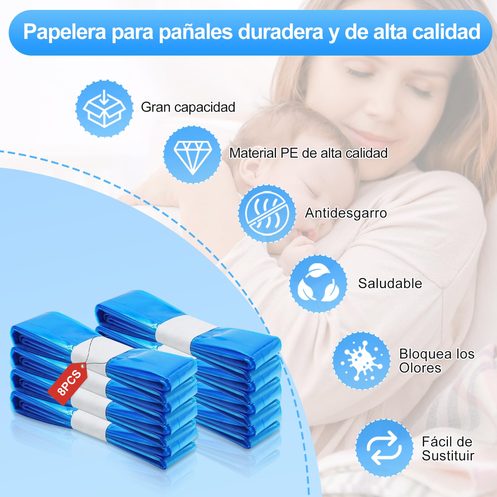 8 Piezas Recambios Cubos de Pañales, 8M Bolsa de Relleno para Papelera Pañales Bebe,Antiolor,Compatible con Todos Contenedores de Pañales