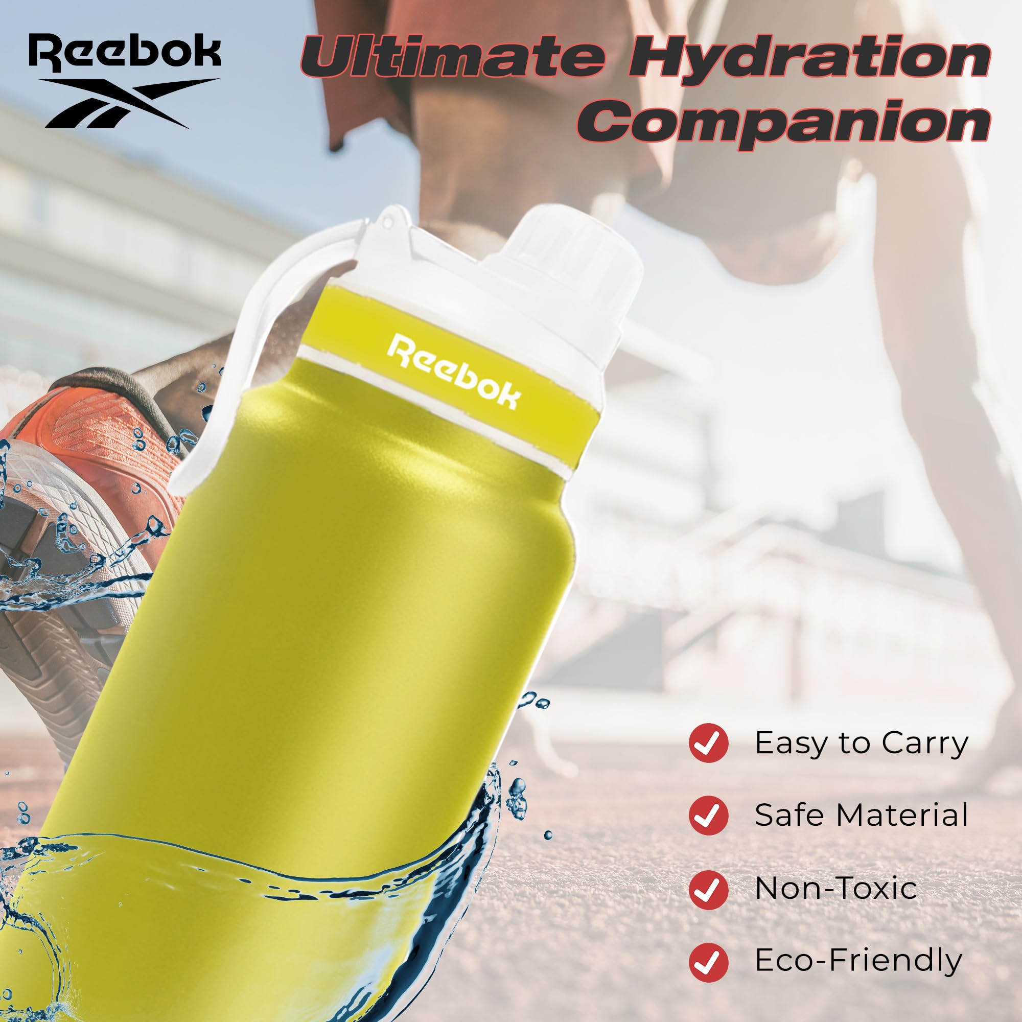 Reebok Borraccia in acciaio inox con design atletico, borraccia termica da 907,2 ml, con coperchio Chug – Borraccia sportiva a doppia parete isolata sottovuoto, senza BPA (giallo)
