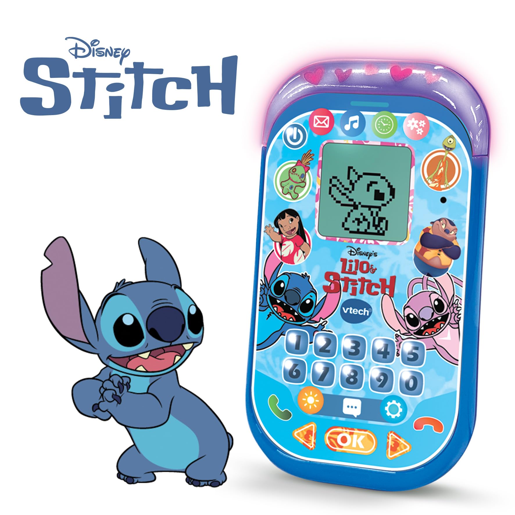 VTech - Teléfono Educativo de Stitch, Juguetes Electrónicos para Niños +4 Años, Pantalla LCD, Banda Luminosa, Minijuegos de Matemáticas, Voz Original, Teclado y Llamadas, Versión ESP