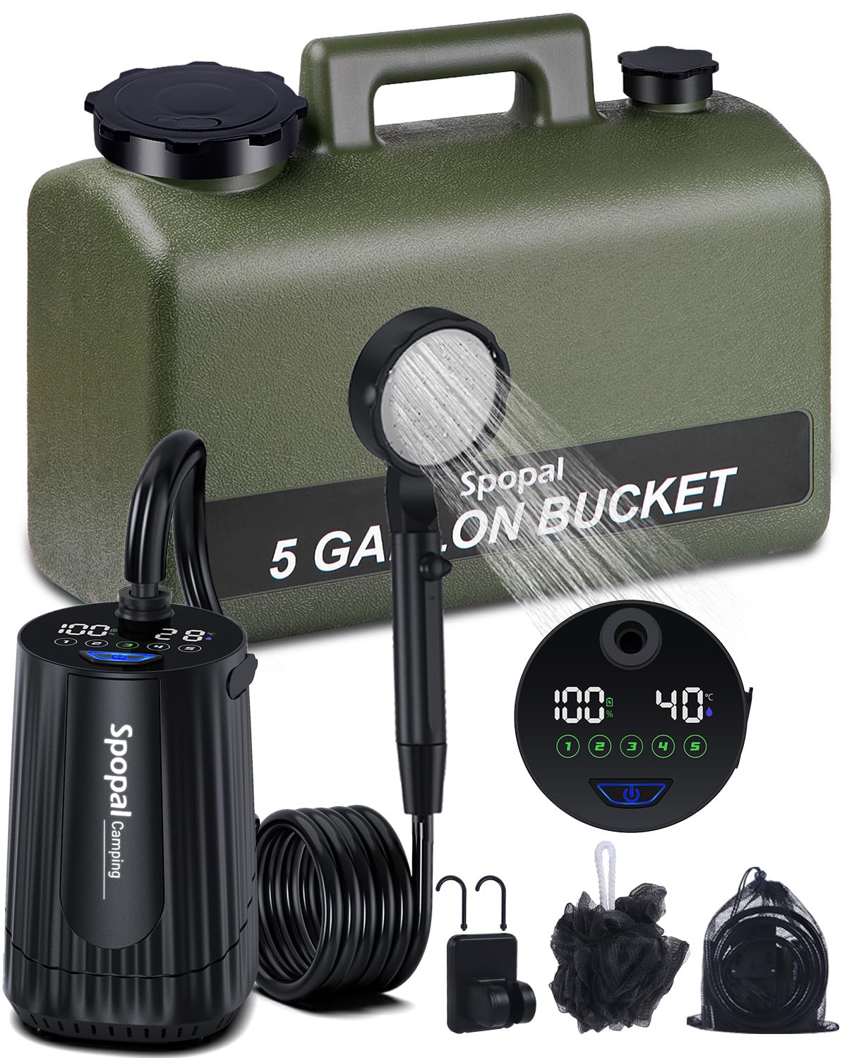 Spopal Camping Dusche 10000mAh Tragbare mit 20L Wasserkanister Akku Outdoor Set Duschkopf 2m Schlauch