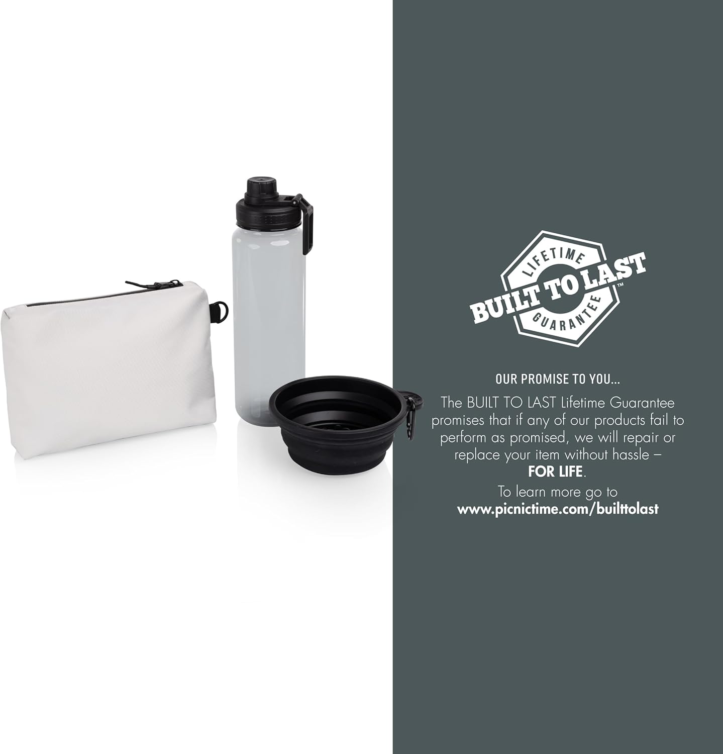 Picnic TIME Tarana Dog Travel Kit with Portable Dog Water Bottle and Collapsible Bowl, Pet Accessories in a Bag with Pet Water Bottle, Travel Bowl, and Zippered Treat Bag for Daily Walks (Halo Gray)