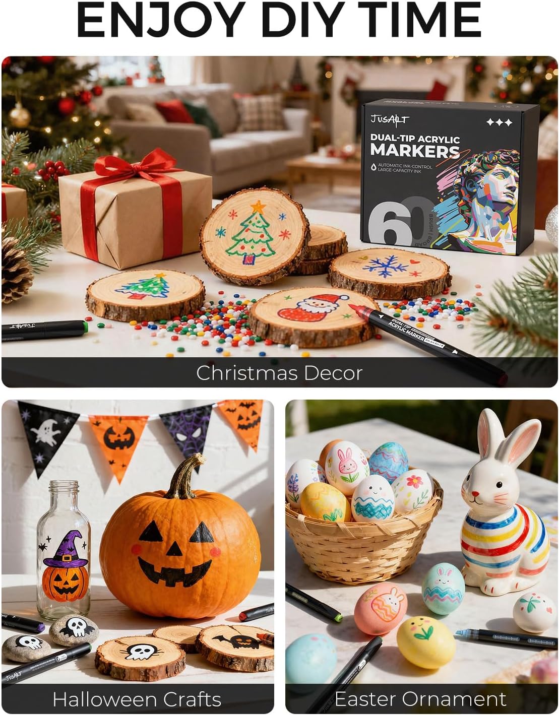 JusArt 60 Colors Automatic Ink Control Acrylic Paint Markers,Dual Tip with Broad Tip and Brush Tip Pens for Ceramic, Wood, Canvas, Glass, Stone, Fabric, DIY Crafts Art Supplies Kit for Adult - Image 9