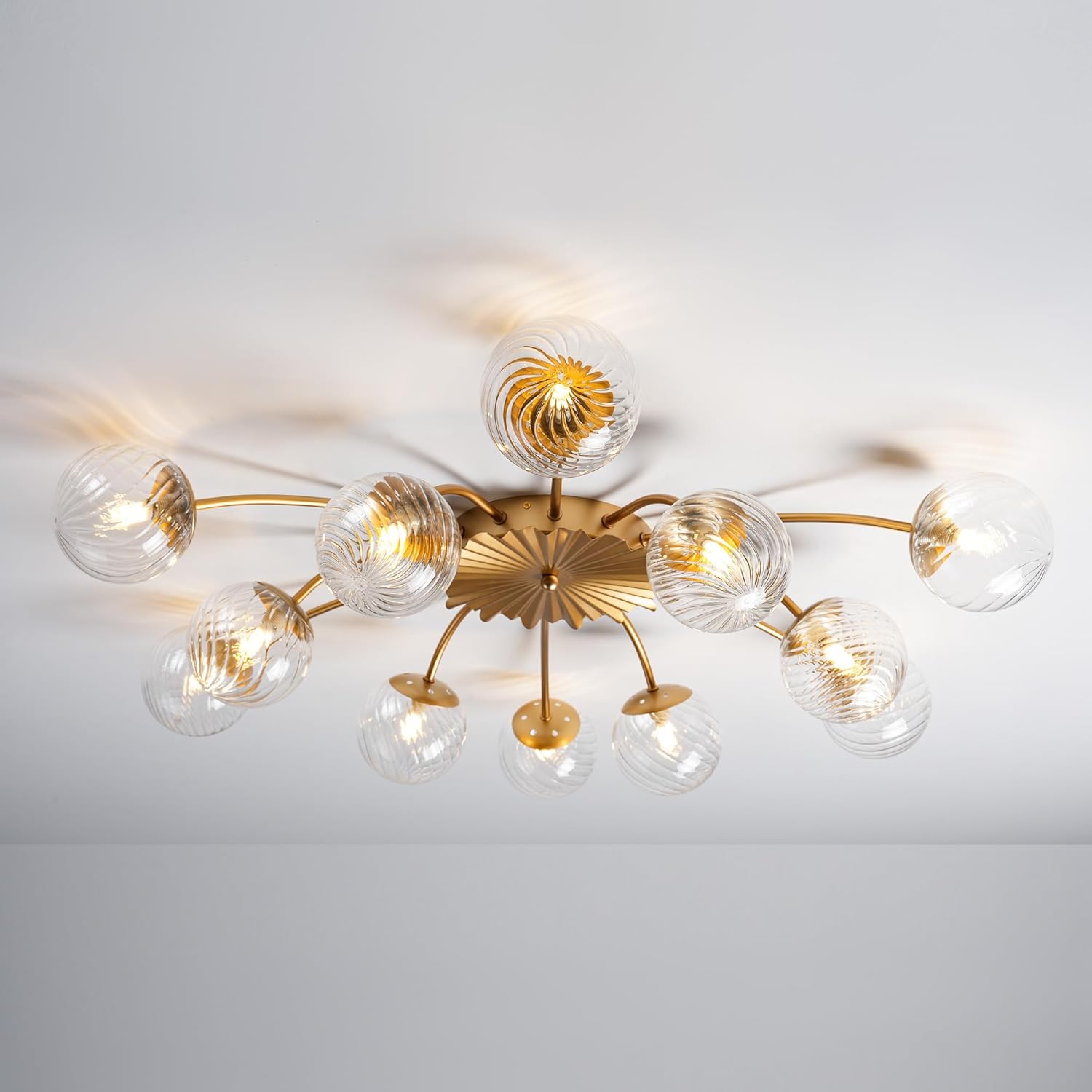 Gold Sputnik Chandeliers with Clear Glass Globe Semi Flush Ceiling Light Fixture 12-Light Blossom Accent Mid Century Ribbed Glass Bubble Chandeliers Modern Dining Lights