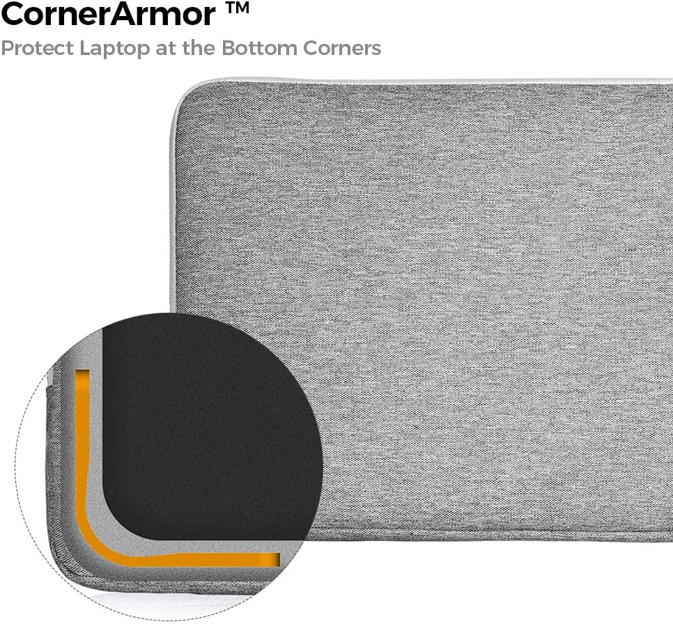 Close-up of tomtoc sleeve showing CornerArmor patent design.