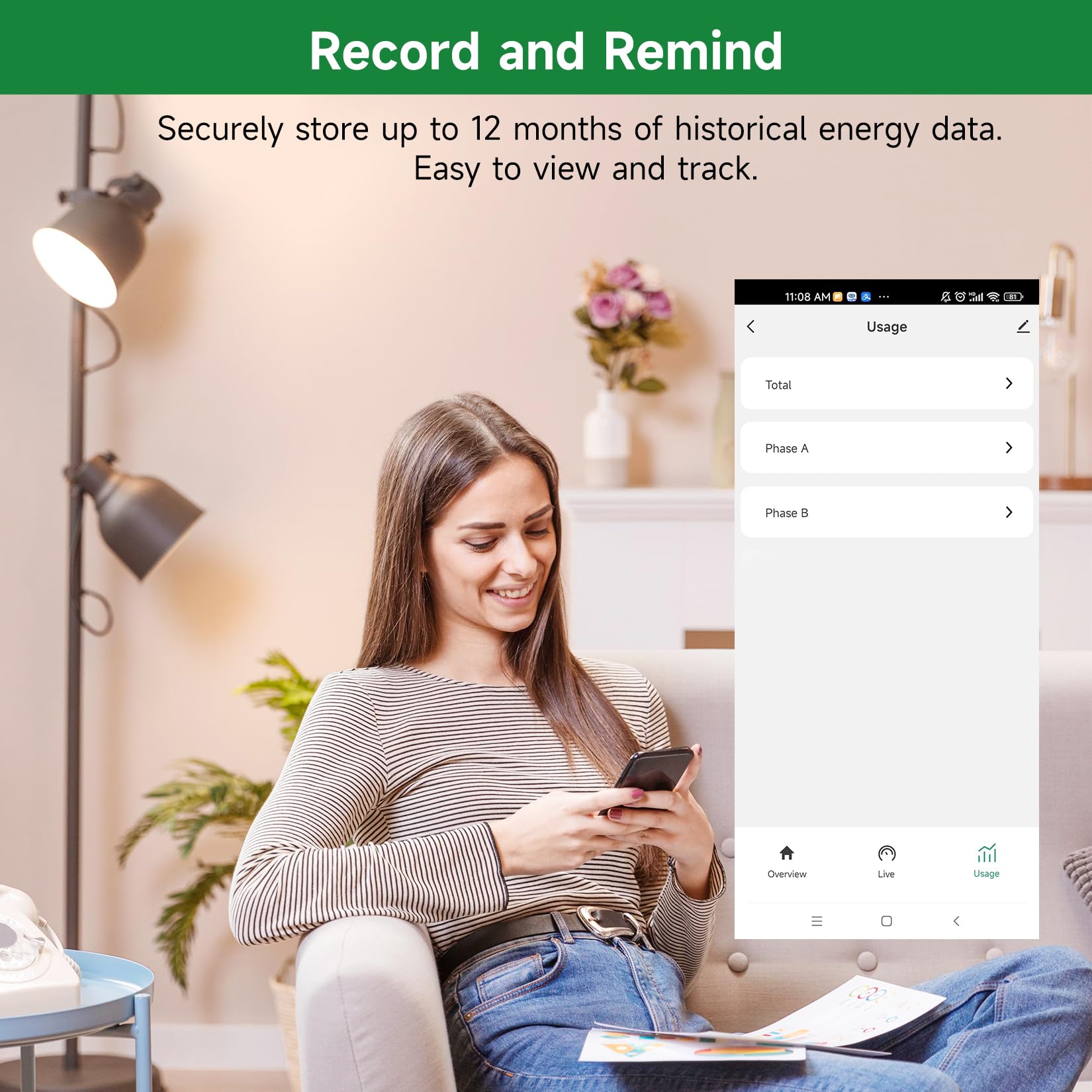 WiFi Energy Monitor with 2 * 80A Clamps, Real-Time Electricity Tracking, Smart Home Power Management, WiFi Meter Solar/Net Metering, Home Energy Automation and Control