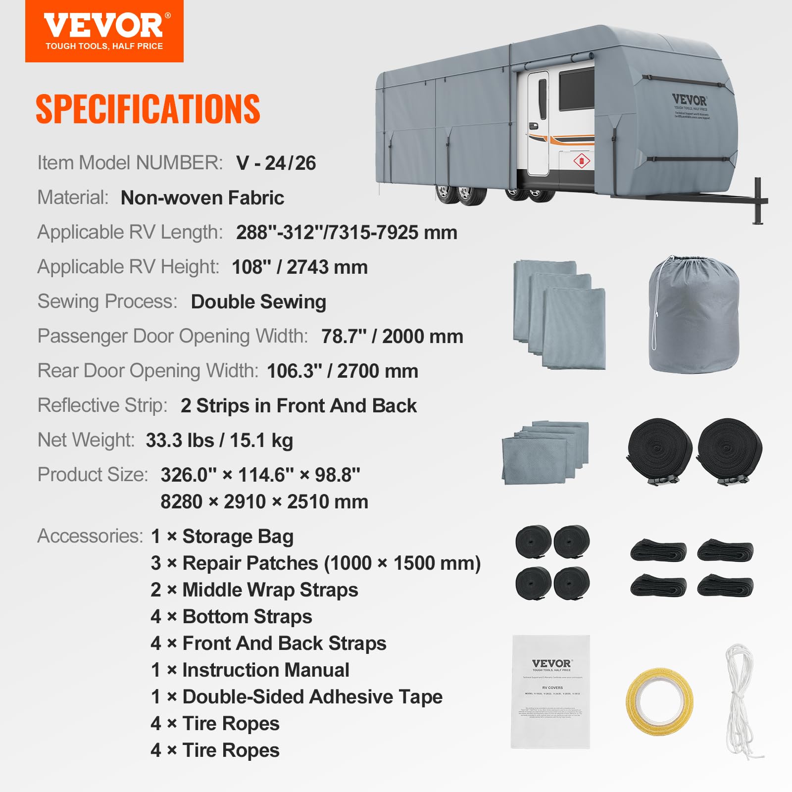 VEVOR Travel Trailer Cover, 24-26' RV Cover, 4-Layer Non-Woven Fabric Camper Cover, Waterproof, Windproof and Wear-Resistant Class A RV Cover, Rip-Stop Camper Cover with Storage Bag and Patches