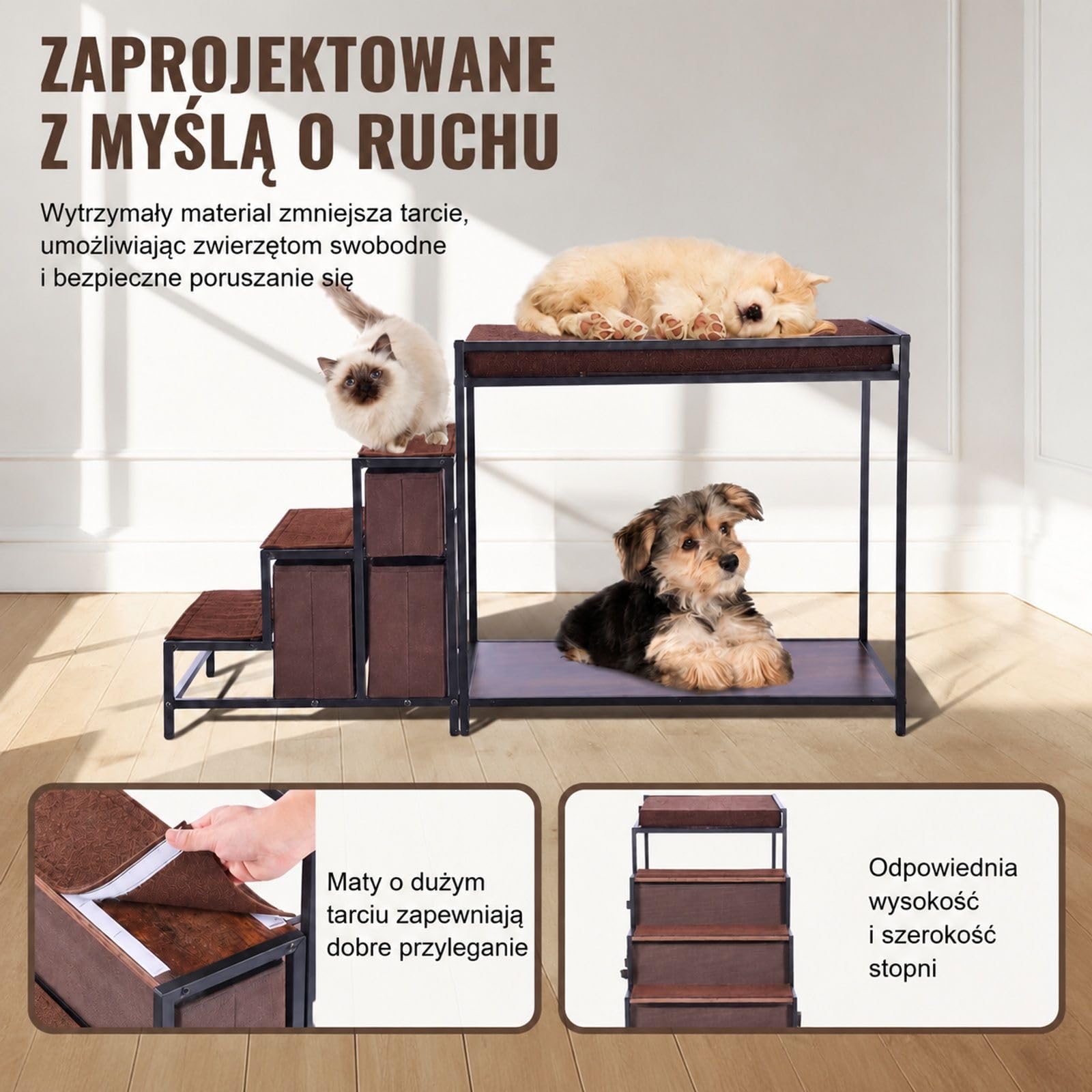Łóżko piętrowe dla zwierząt ze schodami, siedzisko przy oknie dla psów/kotów ze schowkiem, łóżko wielopoziomowe, sofa dla psa, platforma do siedzenia dla zwierząt średnich, 1245 x 500 x 660 mm