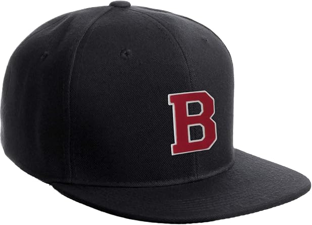 Classic Snapback Hat Custom A to Z Initial Raised Letters, Black Cap White Red