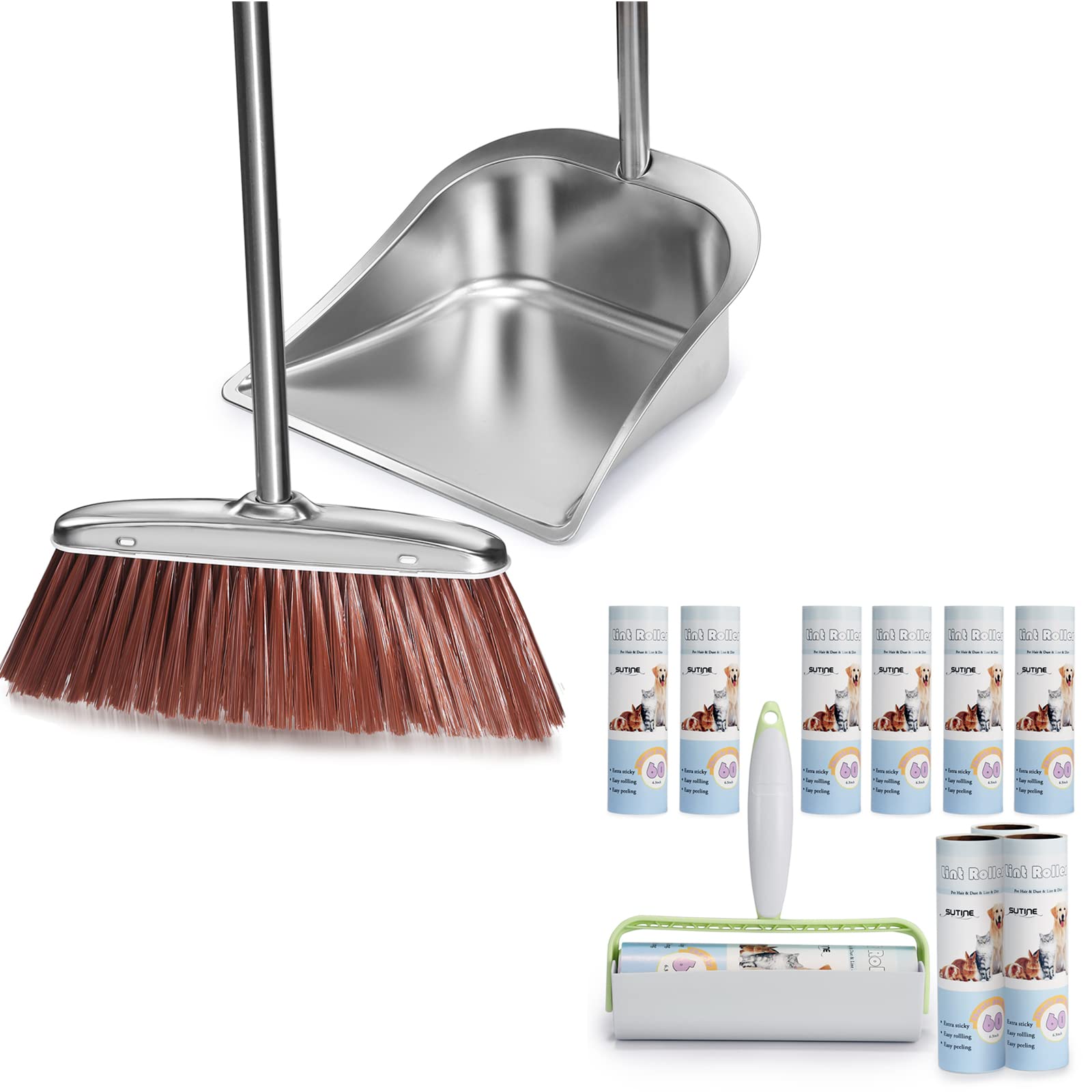 Photo 1 of Broom and Dustpan Set with Long Handled, 6.3 inch Large Lint Roller Extra Sticky 600 Sheets/10 Refills