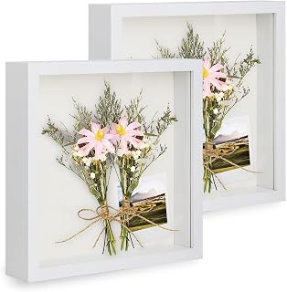 2er 3D Bilderrahmen zum Befüllen, 3D Bilderrahmen Tiefer Objektrahmen 20 x 20 cm mit Transparente Echtglas für Tischplatte und Wand - Weiß/ 3cm