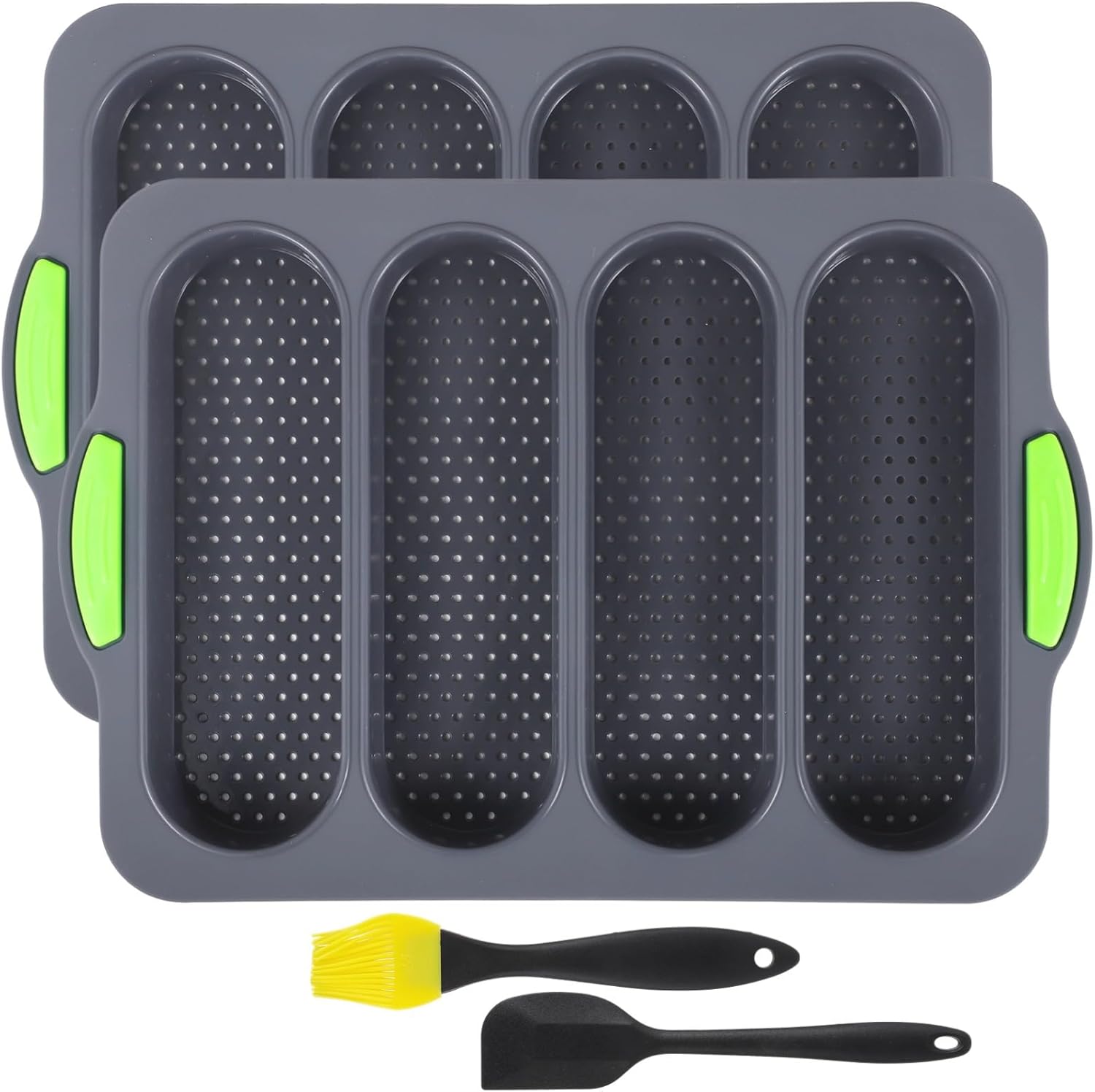Silicone Bread Molds 2 Pcs, 13.2 X 9.3 Inches High-Temperature Resistant Loaf Pan Baking Tool, 4 Slots, Green Non-Slip Handles, Dishwasher Safe, Great for Oven and Fridge
