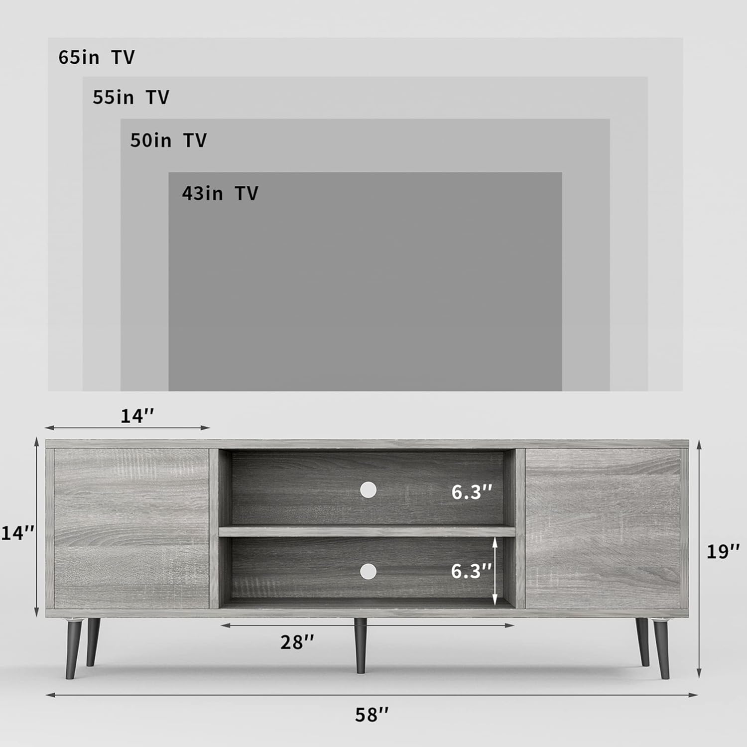 JUMMICO TV Stand for 65 Inch TV, Mid Century Modern TV Stand, Entertainment Center with Storage Cabinet and Open Shelves, TV Console Table Media Cabinet for Living Room, and Bedroom (Gray) - Image 3