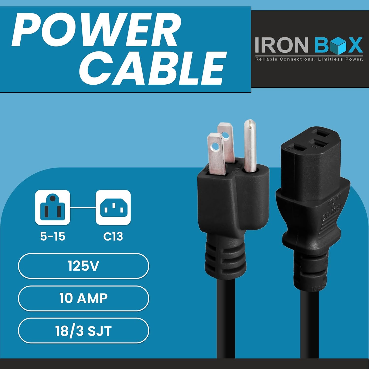IronBox Electric NEMA 5-15 Plug to IEC C13 Connector Power Cords - 10A,125V,18/3 SJT - UL Listed Universal Power Supply Cable - Jumper Cord for Computer, Monitor, Desktop, Speaker & More (15ft, Black)