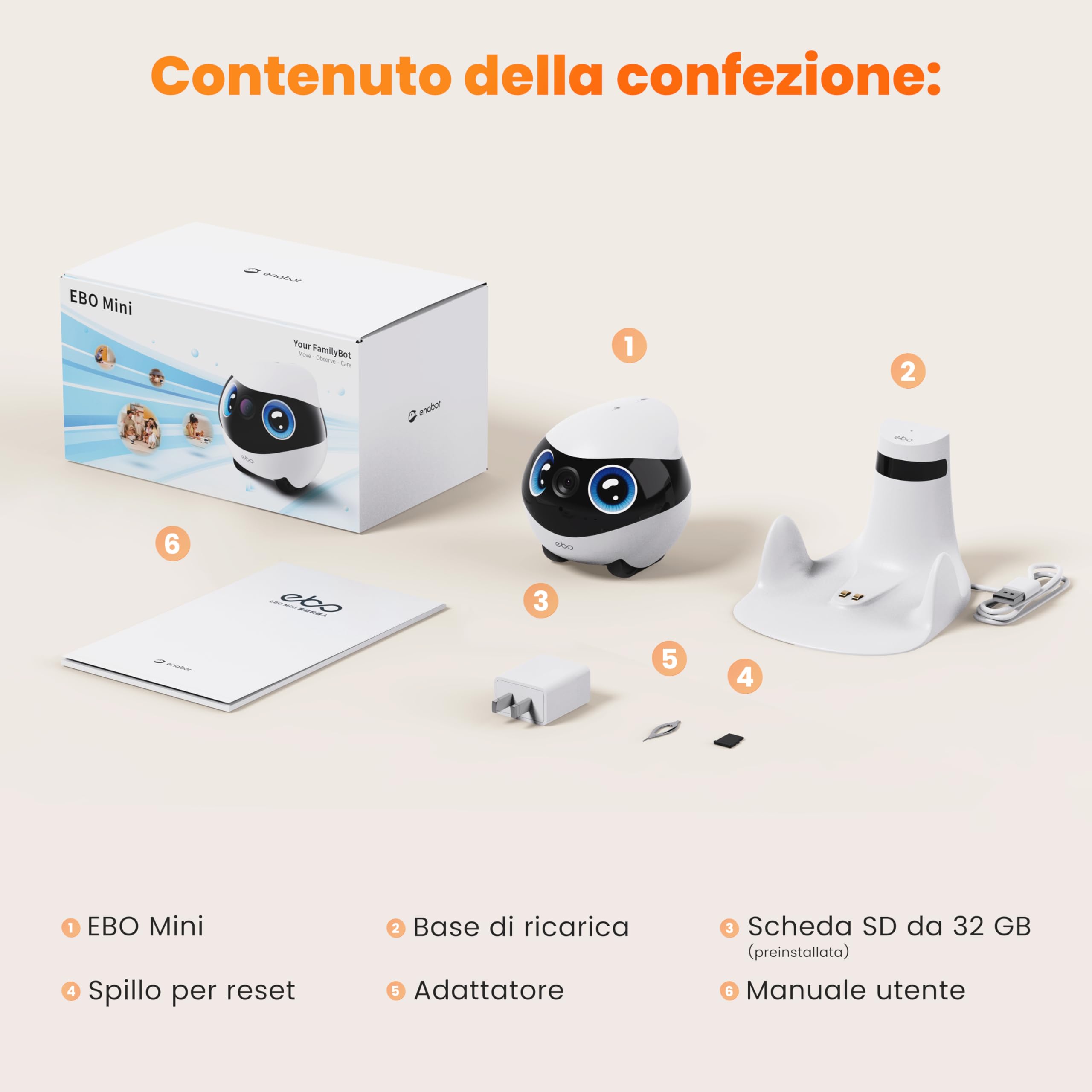 Enabot EBO FamilyBot - Mini robot domestico con fotocamera 2K, videotelefonia bidirezionale, visione notturna, stazione di ricarica automatica, per famiglia e animali domestici, collegata tramite app
