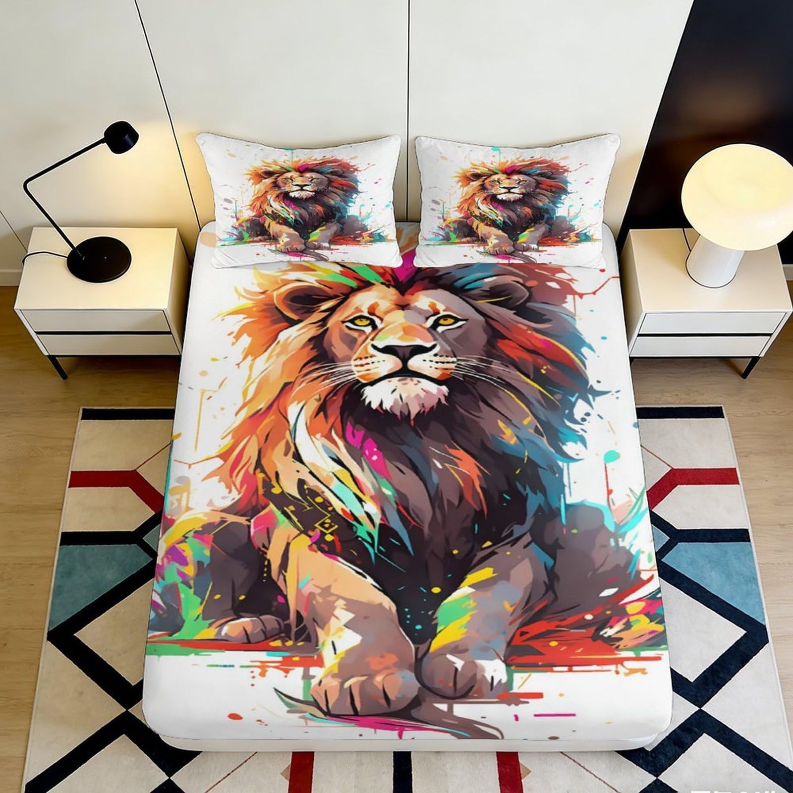 3D Printed Colorful Lion Fitted Sheet Microfiber Soft Breathable Vibrant Lion Mattress Cover for Bedroom Dormitory Guest Room Mattress Protection Decor 140x200x25cm