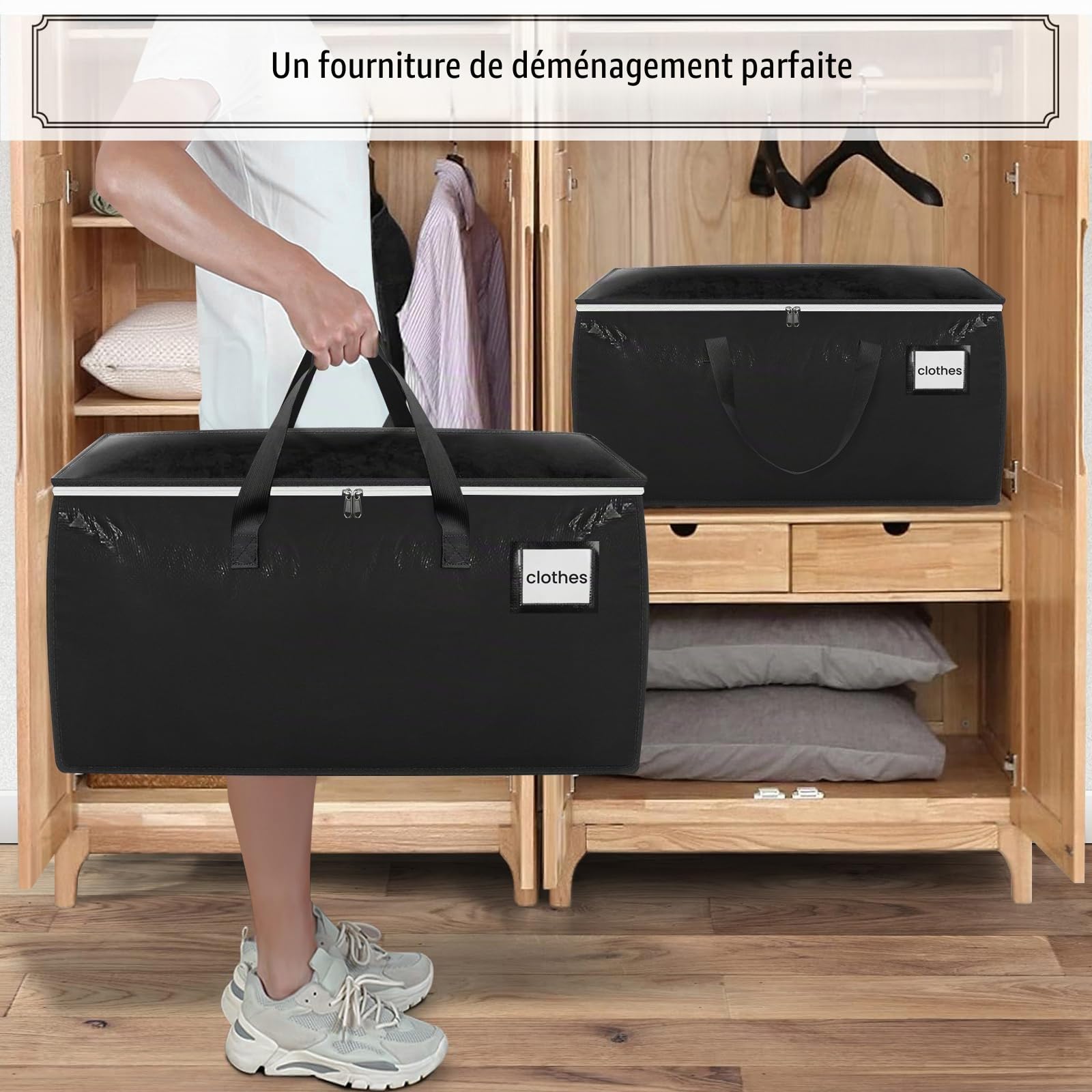 Withosent 100L Grand Sac de Rangement, Lot de 8 Imperméable Sacs de Déménagement avec Fermeture éclair et Poignée, Boite Rangement Vetement Couettes, Alternative aux Cartons Déménagement, Noir