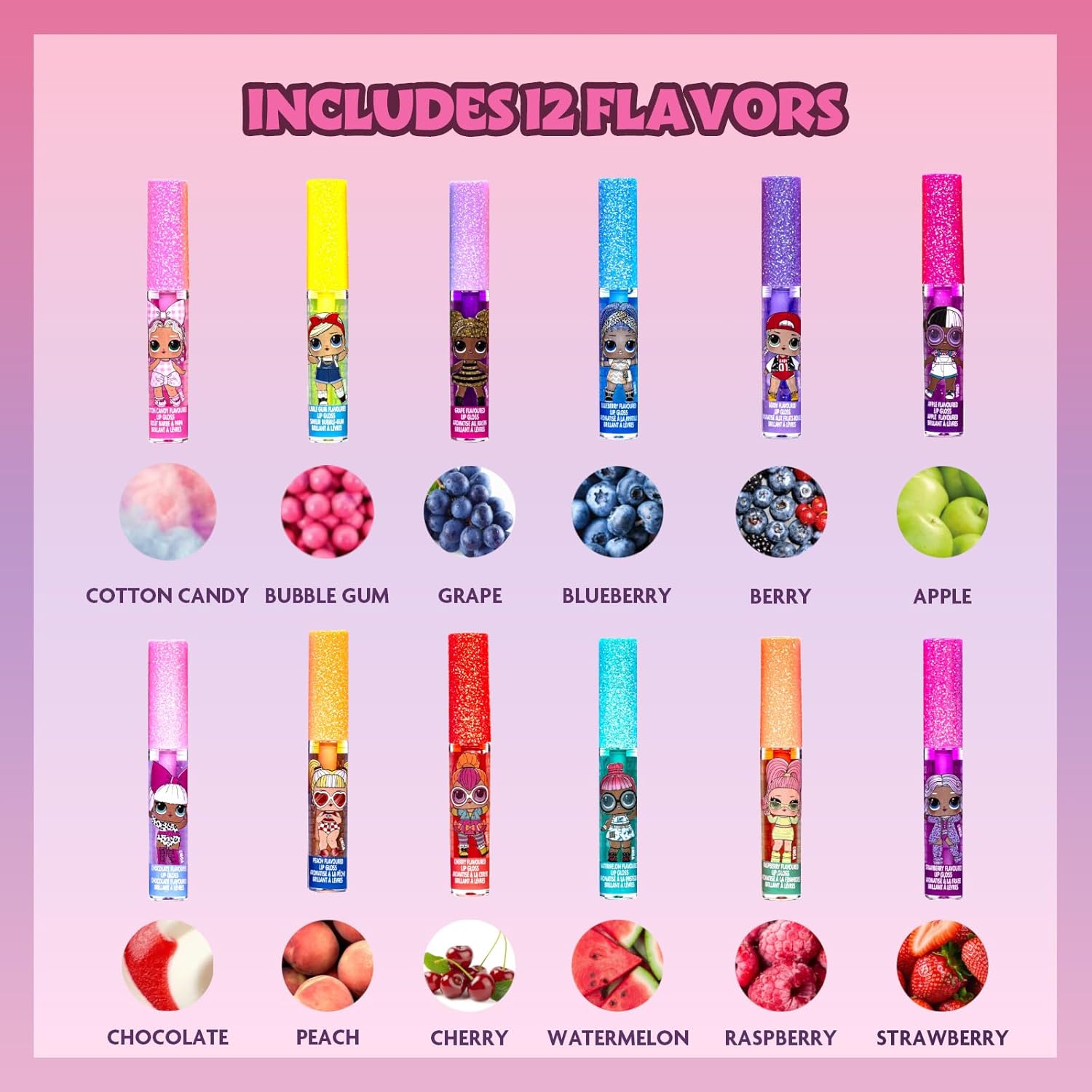 Townley Girl L.O.L Surprise! 12 Piece Plant Based Lip Gloss, Girls Party Favors, First Makeup Set for Girl, Perfect for Parties, Sleepovers, and Birthday Gifts, Ages 5