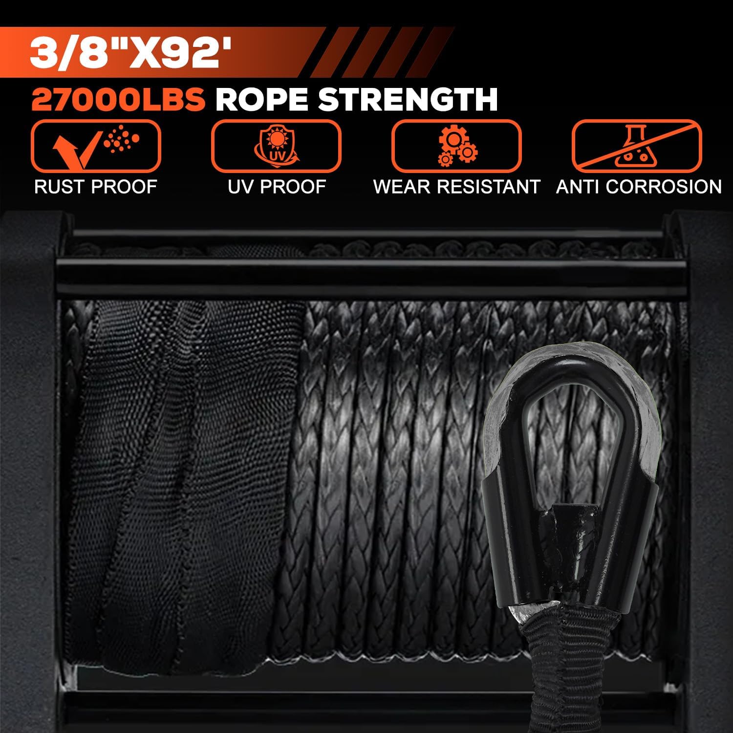 Synthetic Winch Rope Kit, 3/8" x92 ft 27000LBS Winch Cable Replace Kit, with Protective Sleeve, Heavy Duty Hook, Safety Pull Strap for Off-Road 4x4 Vehicles SUV Jeep(Black)