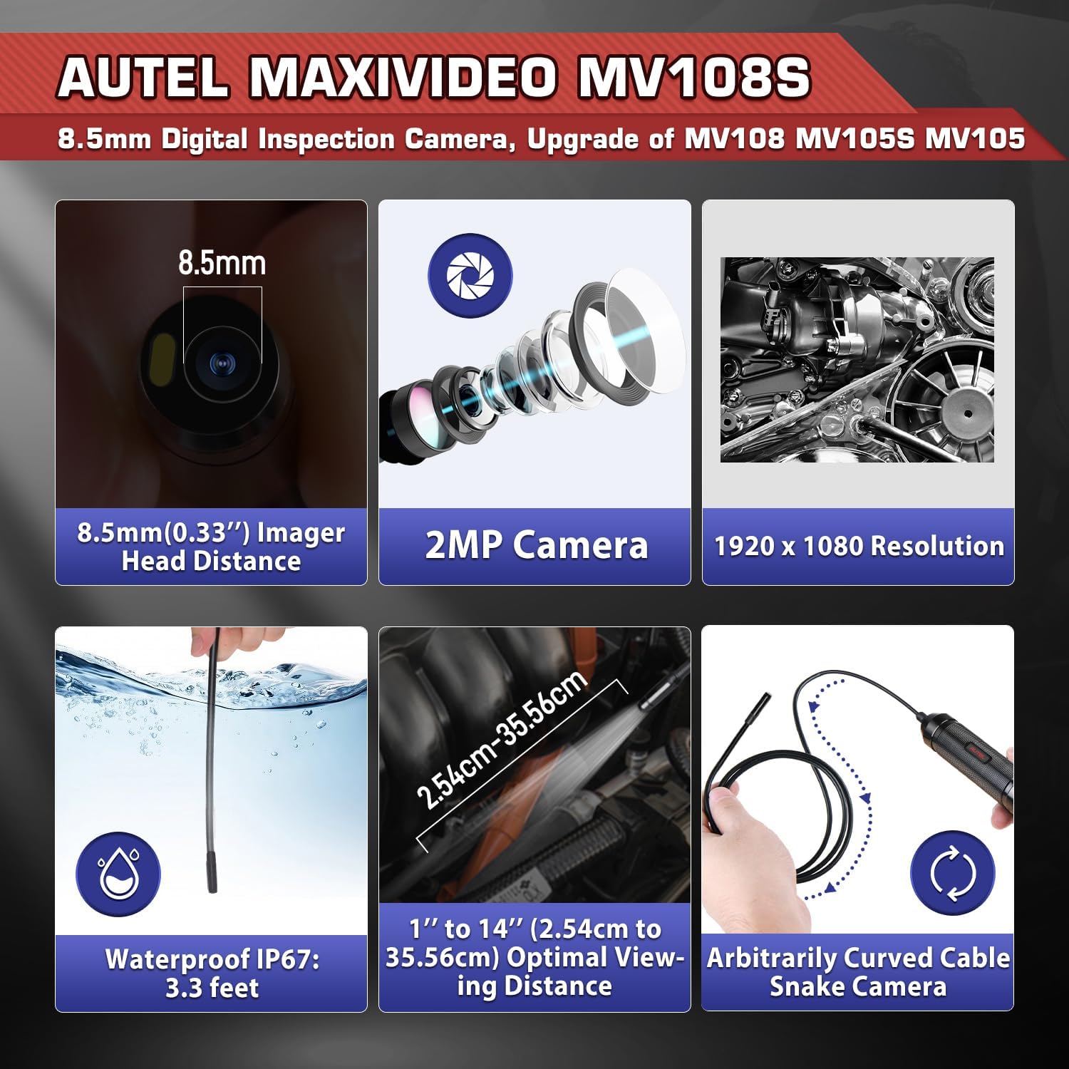 2026 Autel MaxiVideo MV108S Digital Inspection Camera, 2MP 1920x1080, IP67 Waterproof USB Endoscope, 8.5mm Borescope Snake Camera, 39.37'', LED Light, Work with Autel Scanner & P.C, Up of MV108 MV105S