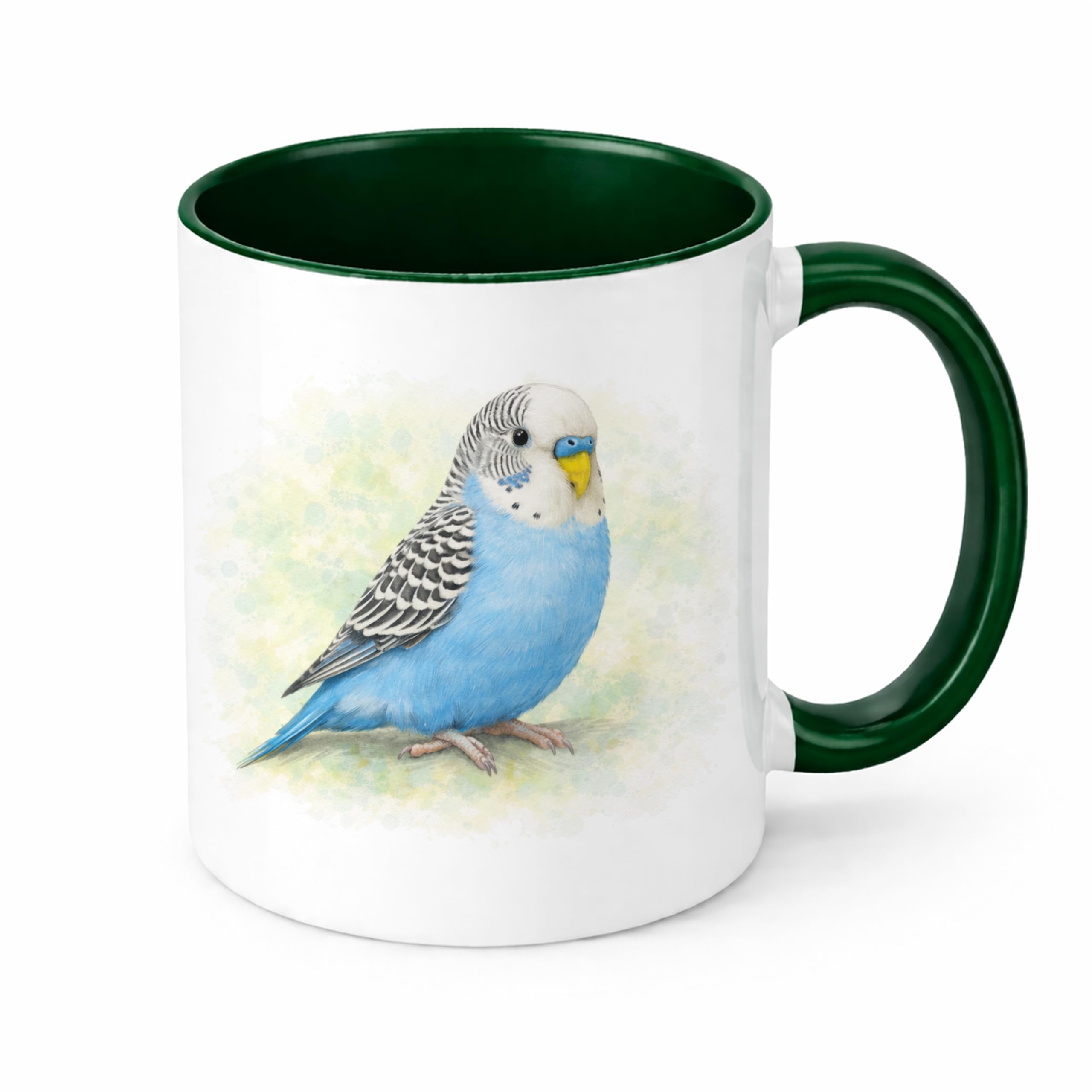 Brew Crew Gifts Budgie Mug, Ceramic, White Gloss, 11oz, Watercolour Blue Budgie Design, Dishwasher Safe, Microwave Safe, Bird Lover Gift (Green)