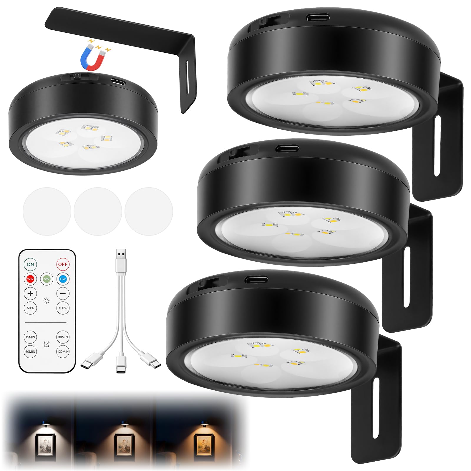 Starvortex Wireless Picture Lights for Wall Rechargeable, Black Picture Light for Painting Poster with Remote & 3-in-1 Charging Cable, 2600mAh Wireless Wall Lights Indoor for Bedroom Hallways