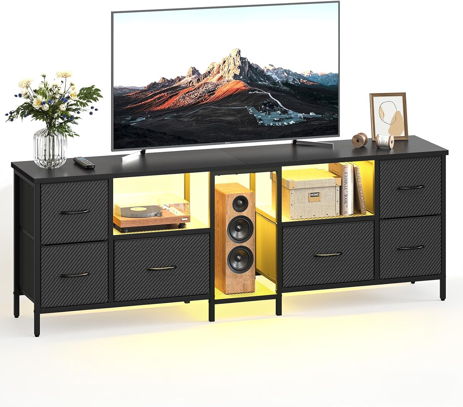 Bestier 63 Inch TV Stand with Storage for 65 70 75 Inch TV, Entertainment Center with 6 Fabric Drawers for Living Room Bedroom Office, Black Carbon Fiber