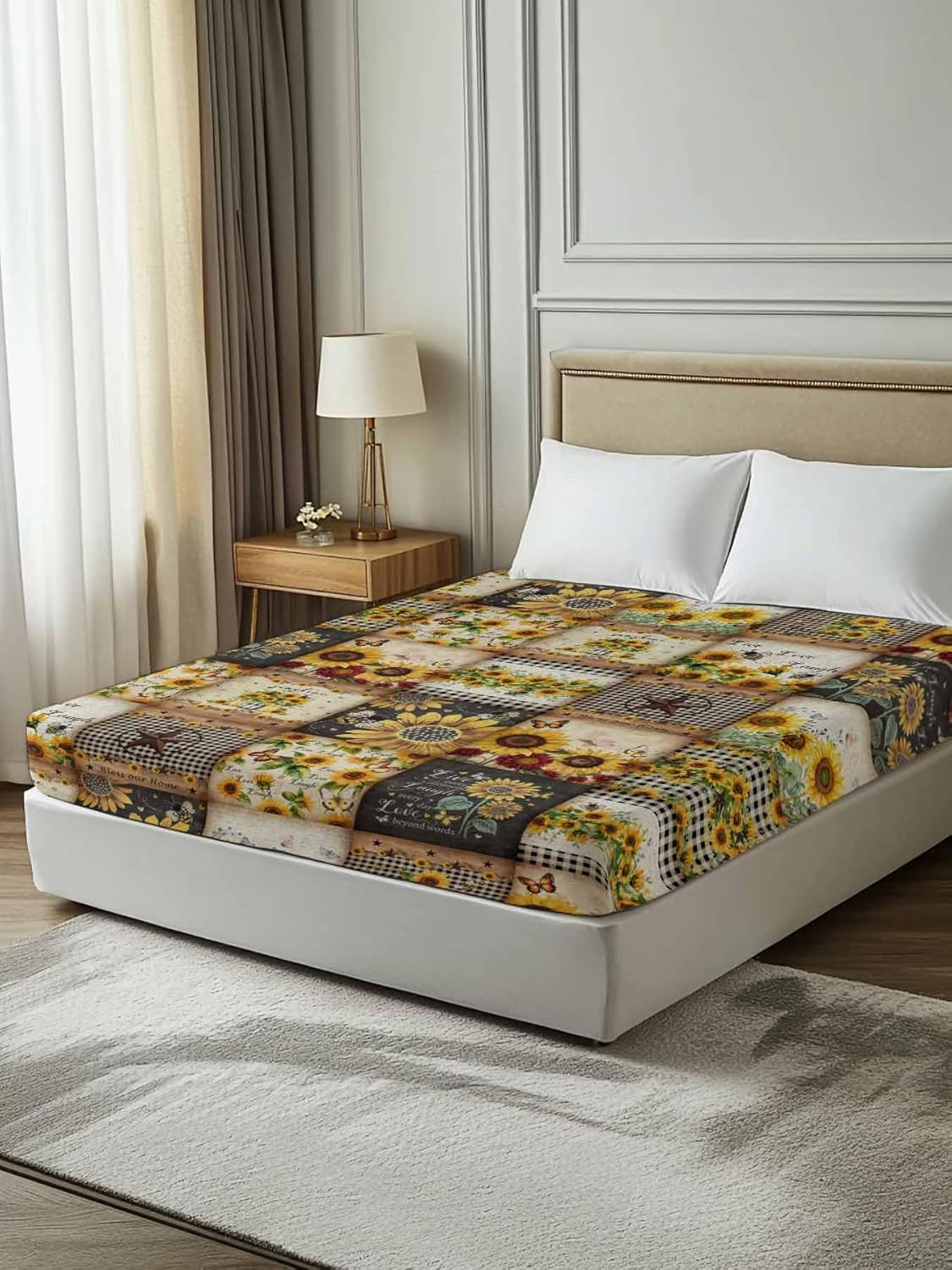 Top Sheet Full Bedding Flat Sheet Only, Vintage Country Pastoral Sunflower Plaid Microfiber Bed Sheets Soft Breathable Bedding Flat Sheets, Yellow Brown Hotel Luxury Top Sheets