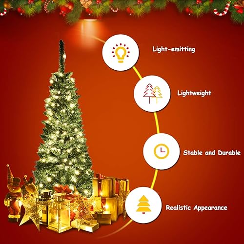 Miniatura 3 de GOFLAME Árbol de Navidad preiluminado, árbol de Navidad artificial delgado con 150 luces LED y soporte de metal sólido, árbol de decoración de