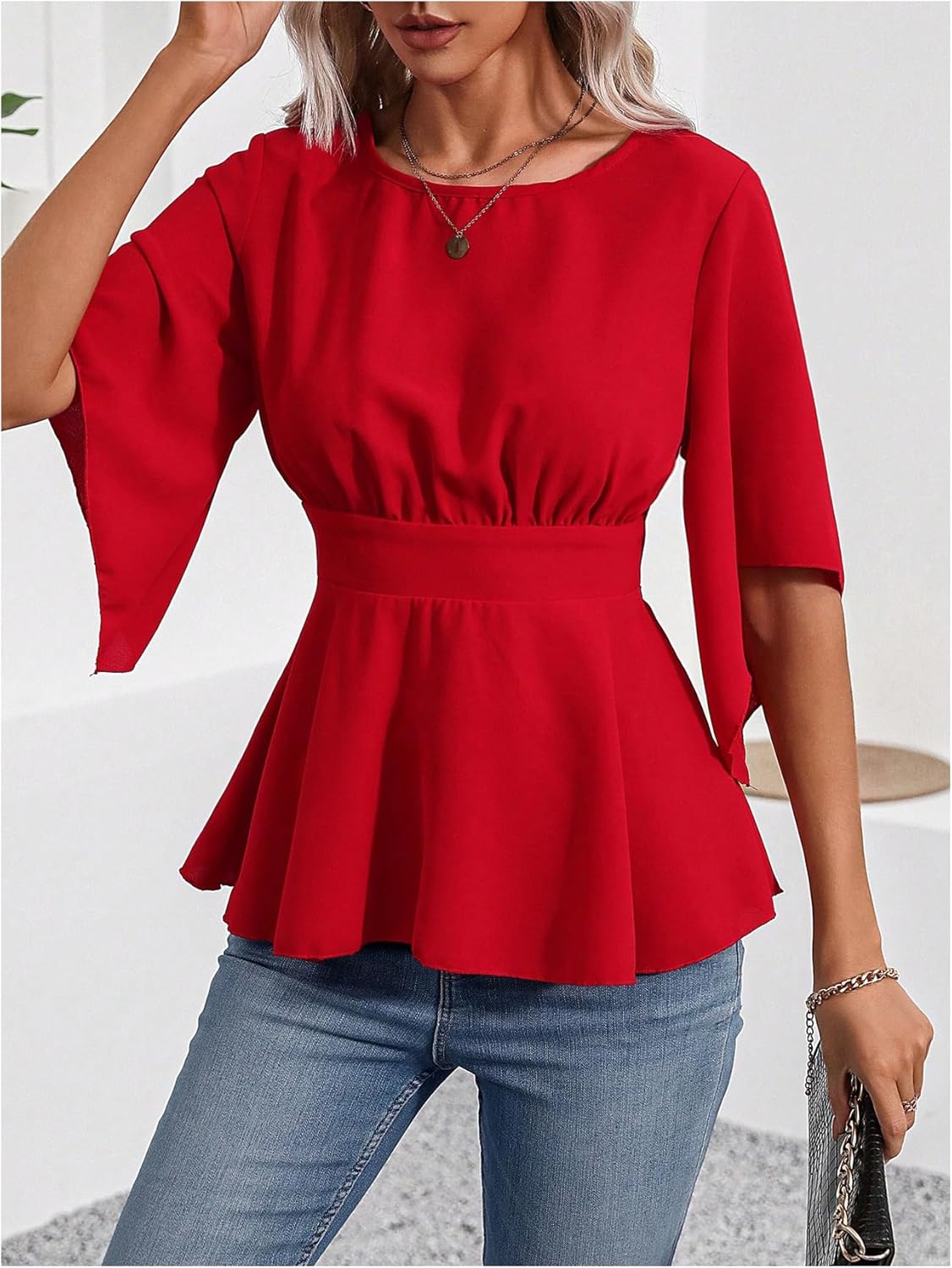 SweatyRocks Women's Asymmetrical Ruffle Blouse Crewneck Half Sleeve Work Office Shirts Peplum Top - Image 4