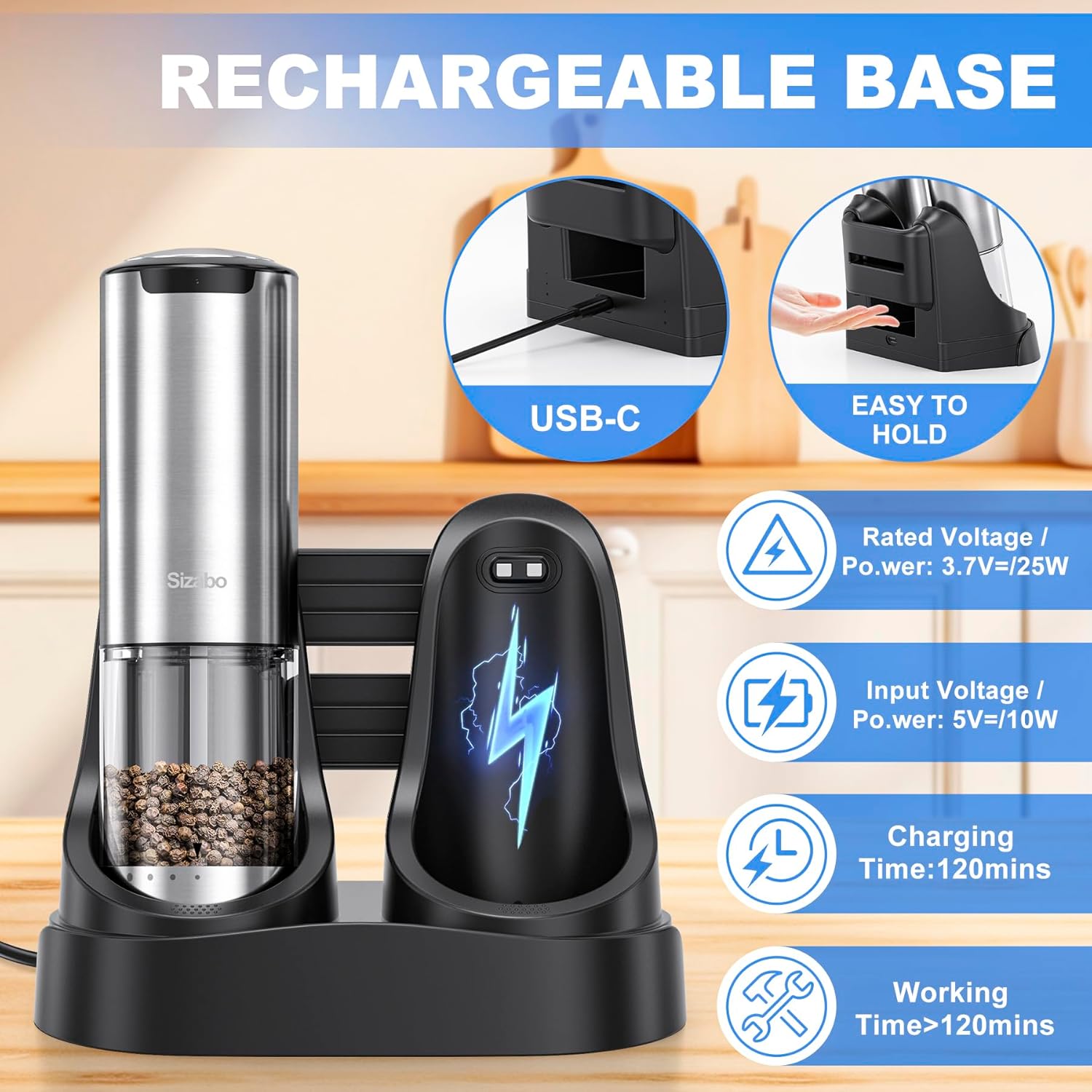 Sizabo (サイザボ) 電気ソルトアンドペッパーグラインダーセット Type-C 充電式 自動 片手操作 ソルトペッパーシェイカ
