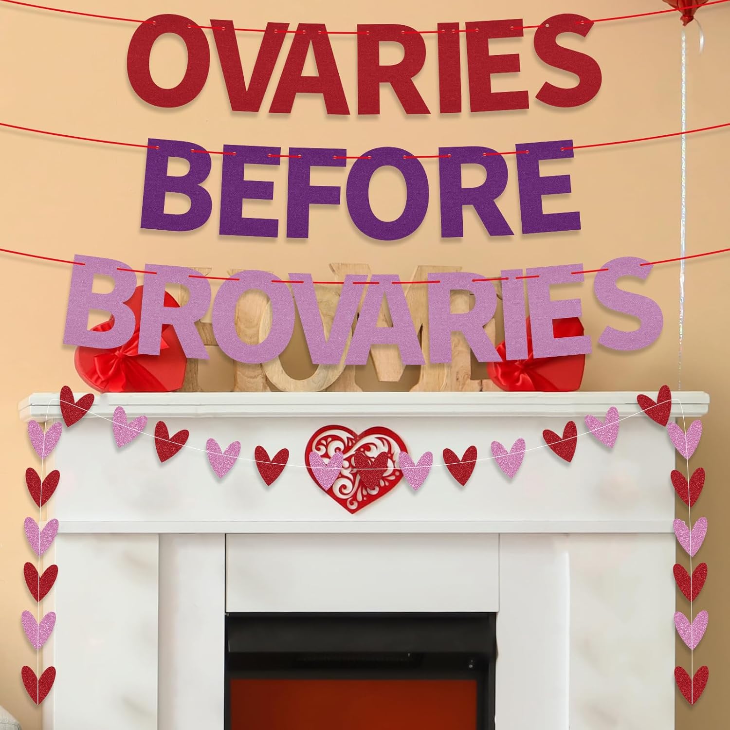 Galentines Day Decorations Ovaries Before Brovaries Banner Pre-Assembled Glitter Valentines Hearts Hanging Banners Girls Welcome Sign Galentines Day Party Decorations for Mantle,Porch