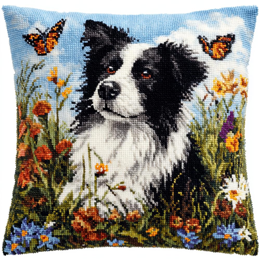 Rqwybcaxn Latch Hook Kits for Adults -Border Collie and Butterfly Latch Hook Pillow Kits for Kids, Crochet Yarn Kit for Beginners, DIY Needlework Crafts Cover Case with Printed Canvas 17X17Inch